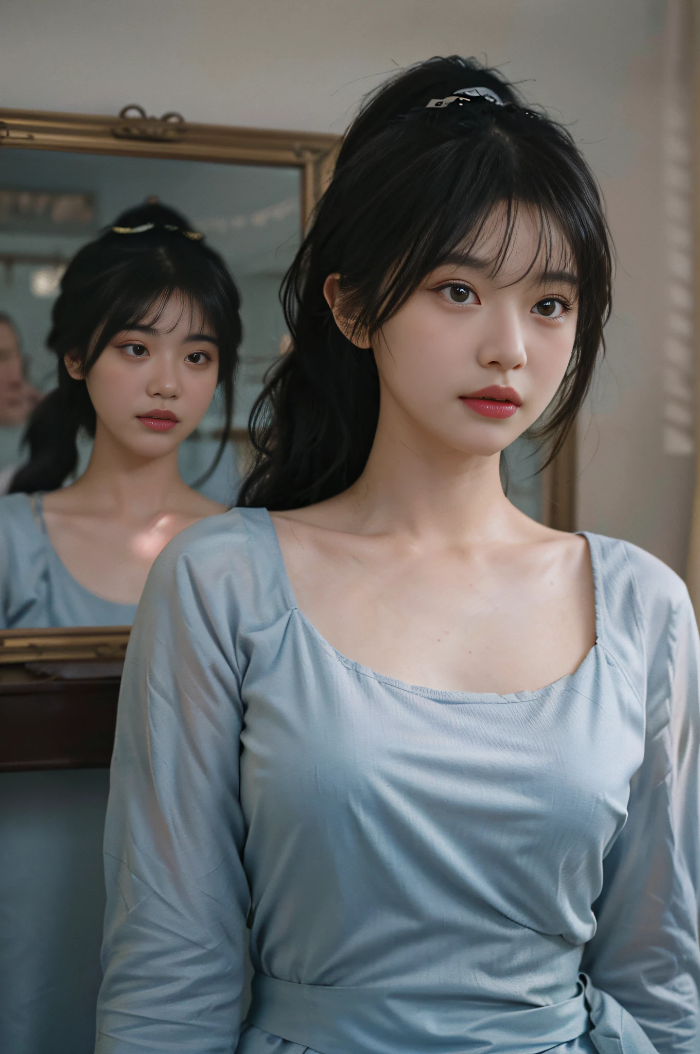 Temperament girl, delicate facial features, big breasts, bangs, blue ponytail, messy hair, hair is very realistic, wearing a pink slip dress, the background is a large painting, sea view, Du Qiong, exquisite makeup, light red lips, big eyes, double eyelids, black holes, bright eyes, symmetrical face, very real face, narrow waist, thighs, big breasts, meticulously portraying the girl's face, blush, super high appearance, looking at the audience, very realistic skin, skin oil reflection, artwork, The clothes have a real cloth texture, realistic painting, cinematic style, photography level, ray tracing, real light and shadow effects, realism, masterpieces, like the top photography effects, 8K