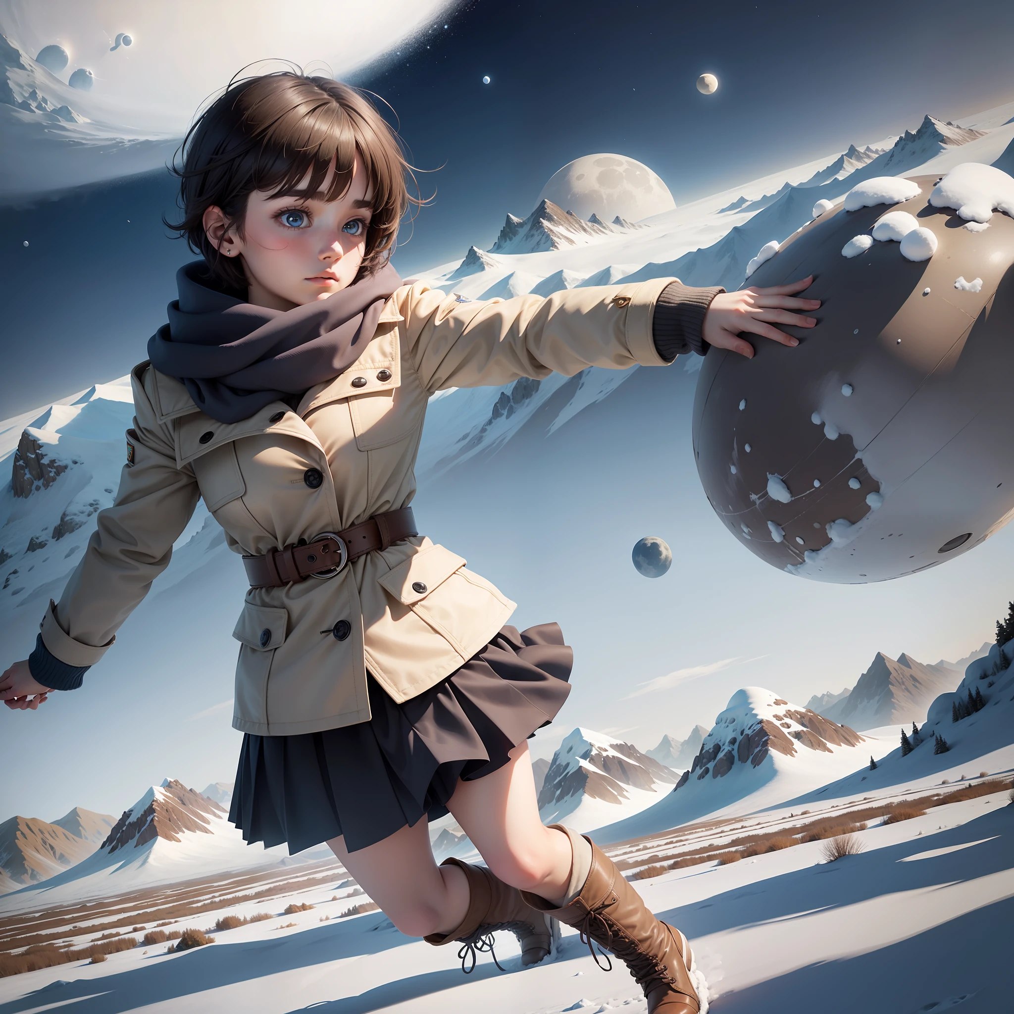 age girl, flying over a snowy field, wearing winter clothing, skirt, boots, mountains far away, two moons, blue sky, looking down, magic circle!!! under her feet, short hair, brown hair, 1girl,