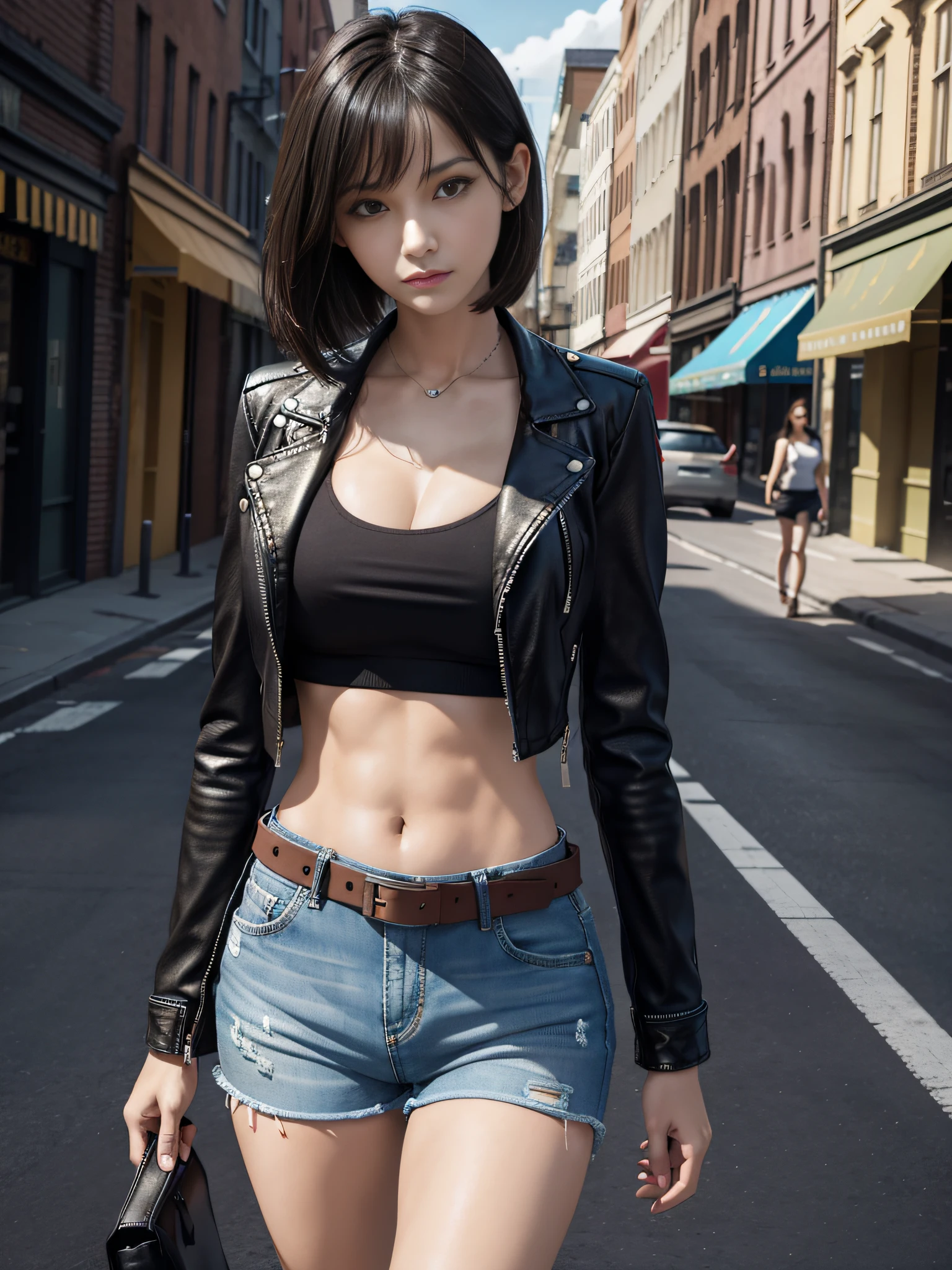 (front focus), (in the dark: 1.6), photorealism, dynamic lighting, volumetric lighting, very detailed faces, 4 k, detailed, highest quality, award-winning, street, street background, sunny, daytime, sunny, sunny, 1girl, low key, cowboy shot, (official uniform: 1.4), short hair, black hair, oblique bangs, bobo head, f-cups, cleavage, beautiful breasts, slim figure, slim body, slim, biker leather jacket, skinny denim shorts, hot pants, Shorts, belt, crop top, open waist, few abs, white lining, boots, leather boots