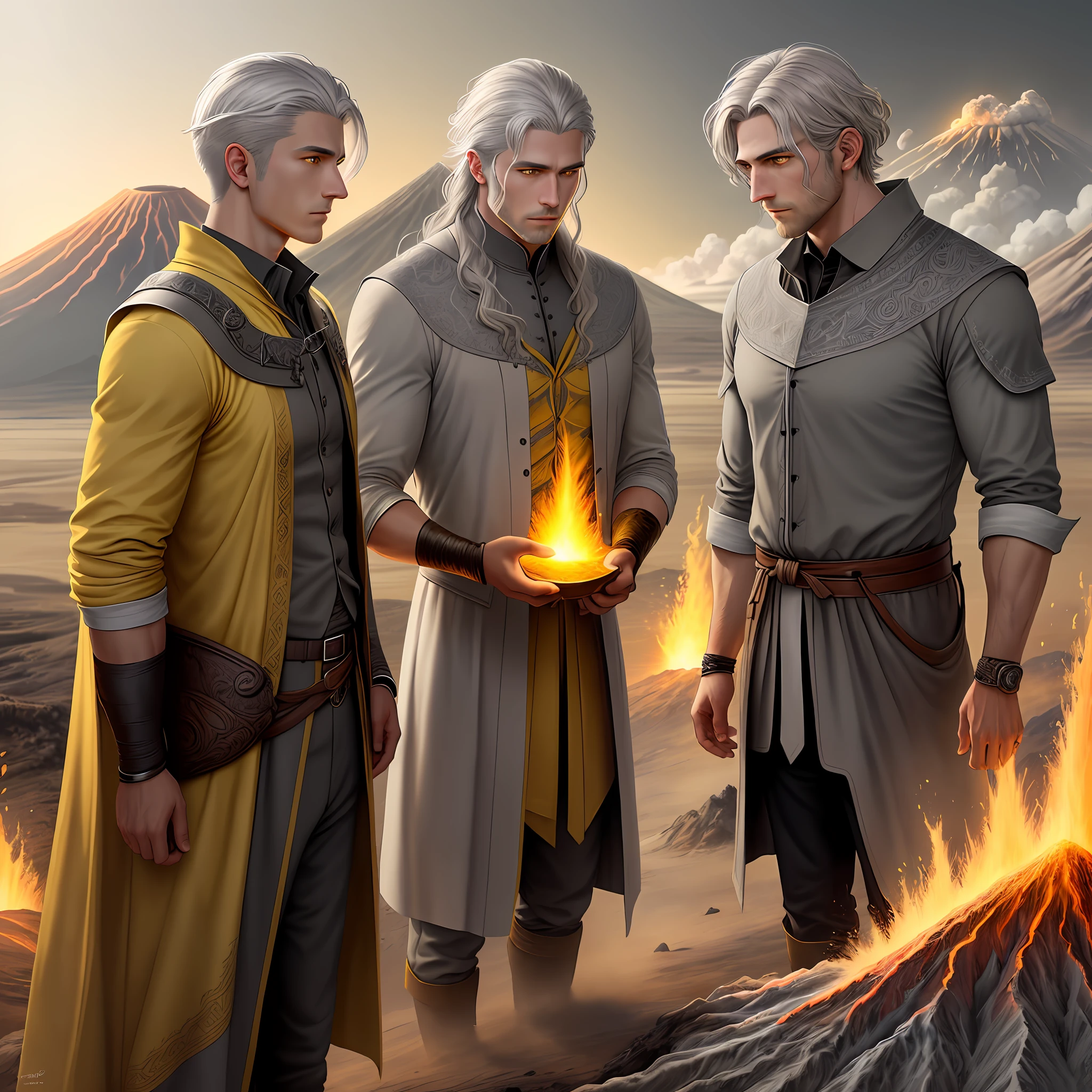 Drawing, fantasy, realism, high detail, quintet of men (detailing), ((with light gray hair)) (hair detailing), ((yellow eyes)), (face detailing), (clothing detailing), standing at an erupting volcano (volcano detailing), (nature detailing), 8kk