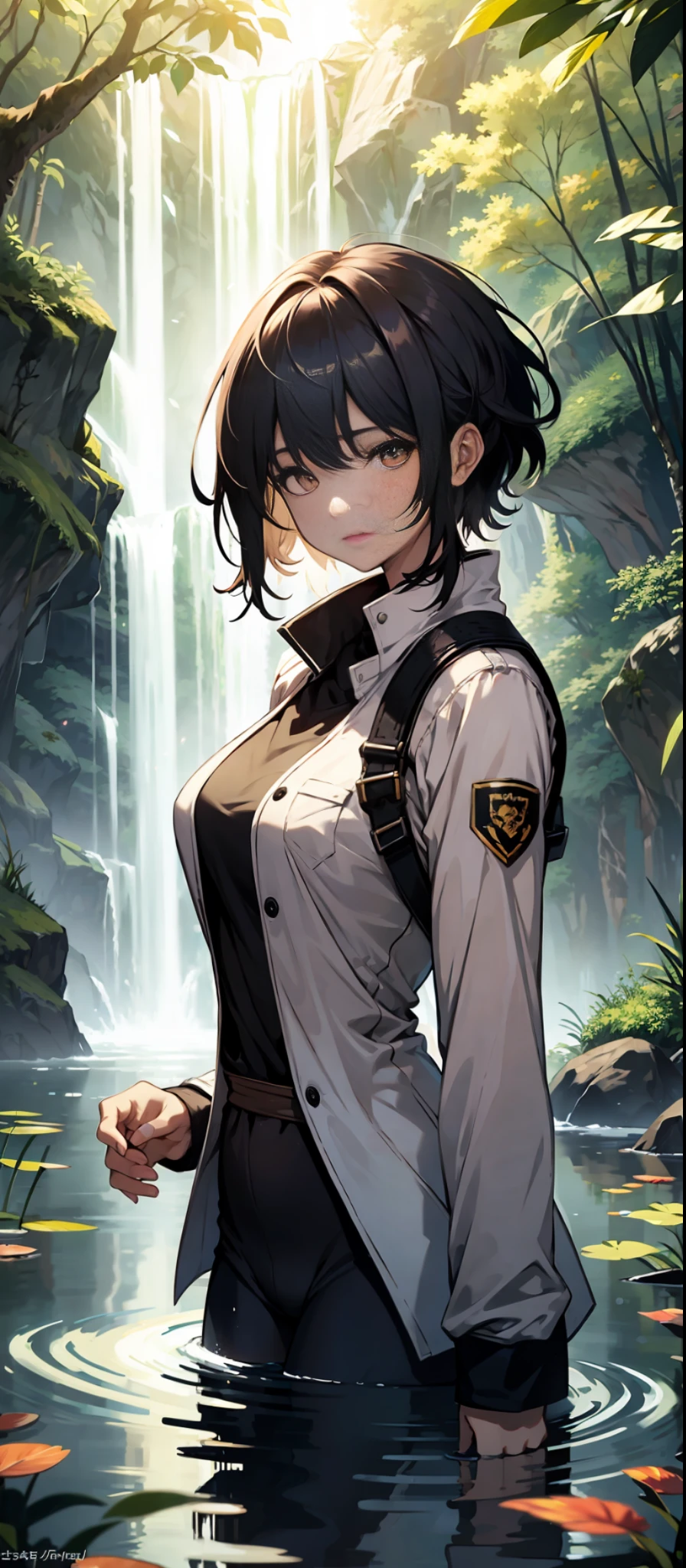 In the pond below the waterfall, 1 beautiful girl, short hair with long locks, standing, (broken) ((JK uniform)), drenched, drenched, curvaceous, various poses, {{illustration}}, {extremely delicate and beautiful}, {delicate makeup}, ultra-detailed, delicate glowing eyes, {{cinematic light}}, high quality, masterpiece, forest, waterfall, pond, delicate facial features, delicate hair portrayal, delicate eye portrayal, masterpiece , highest quality, ray tracing, extremely detailed CG unity 8k, wallpaper, masterpiece, half body, upper body