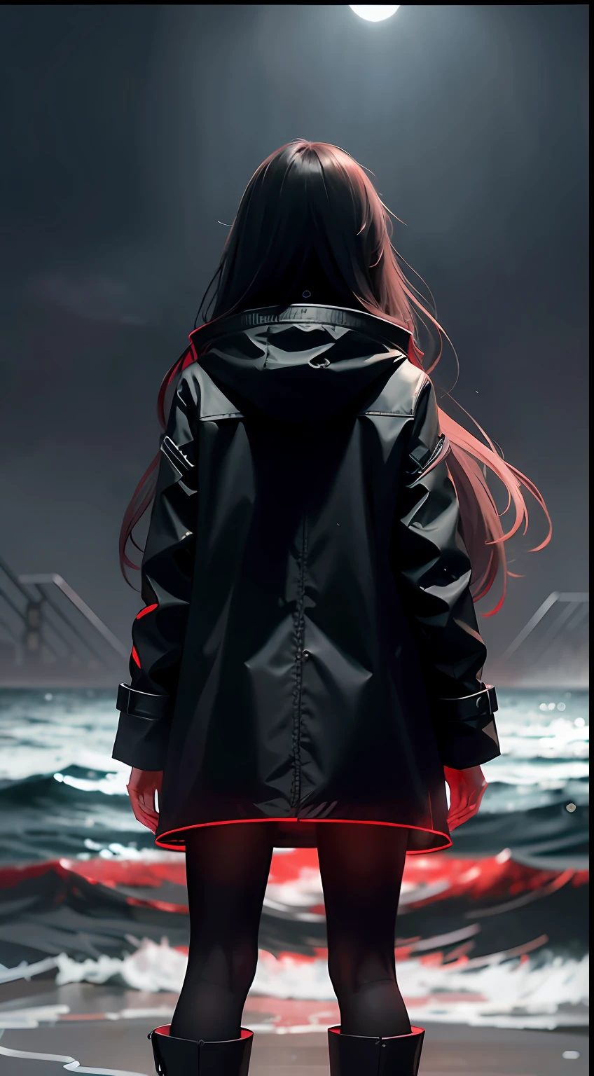 Girl, long hair, black coat, standing, behind the pitch black sea, blood moon (sketch: 1.2), anime key visuals, fog, evil, Bauhaus art, dramatic lights, mystery