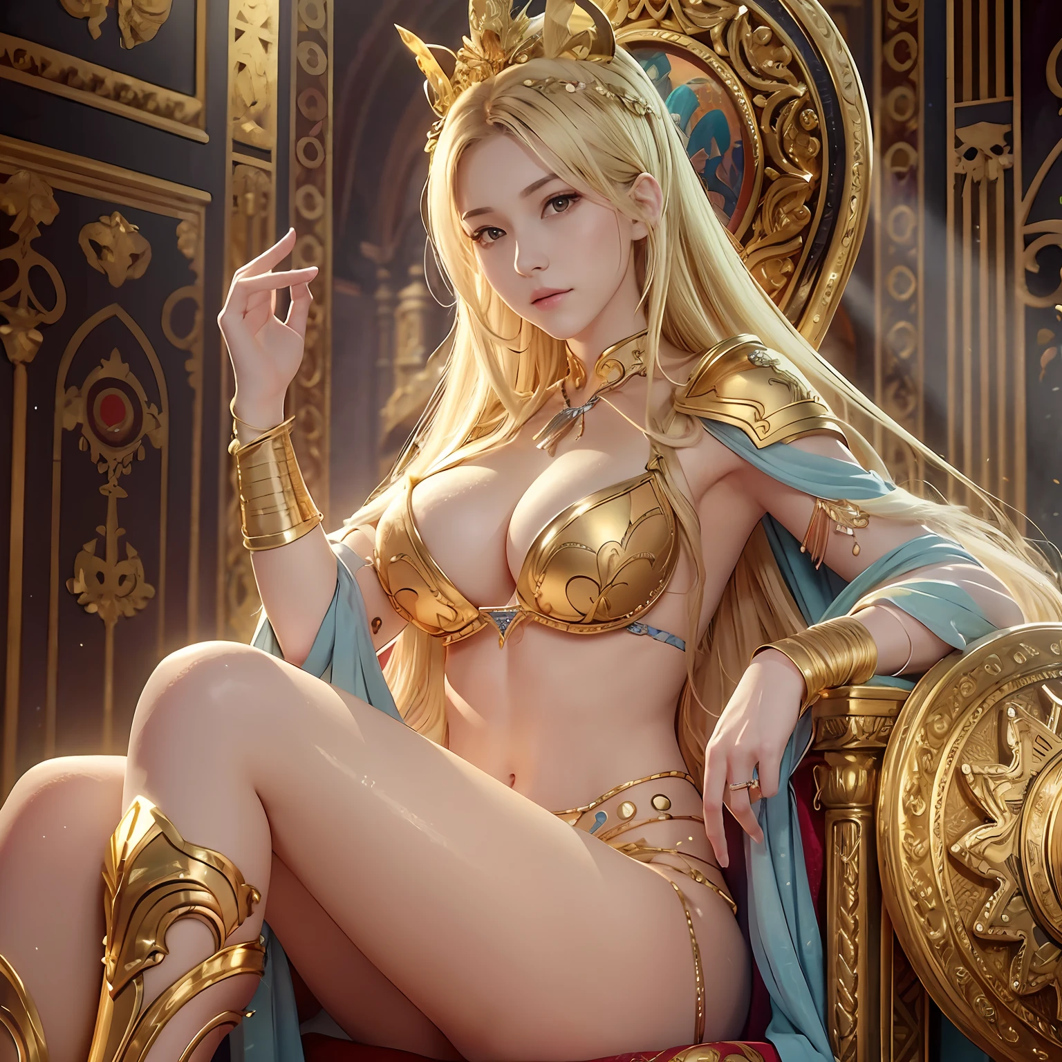 8K,original,official art,ultra highres,photores,photorealistic,ultra high quality,
1girl,gold armor,,Sitting on the Pope's throne,greek mythology,greco-roman architecture,Church,throne,Holy Domain,(((masterpiece))),(((best quality))),((ultra-detailed)),(illustration),(detailed light),((an extremely delicate and beautiful)),dramatic_shadow,ray_tracing,shiny skin,huge breasts,muscular female,(abs:0.6),wide hips,smooth skin,tyndall effect,photorealistic,dark studio,rim lighting,two tone lighting,(high detailed skin:1.2),8k uhd,dslr,soft lighting,high quality,volumetric lighting,candid,Photograph,high resolution,4k,8k,(blonde hair:1.5),