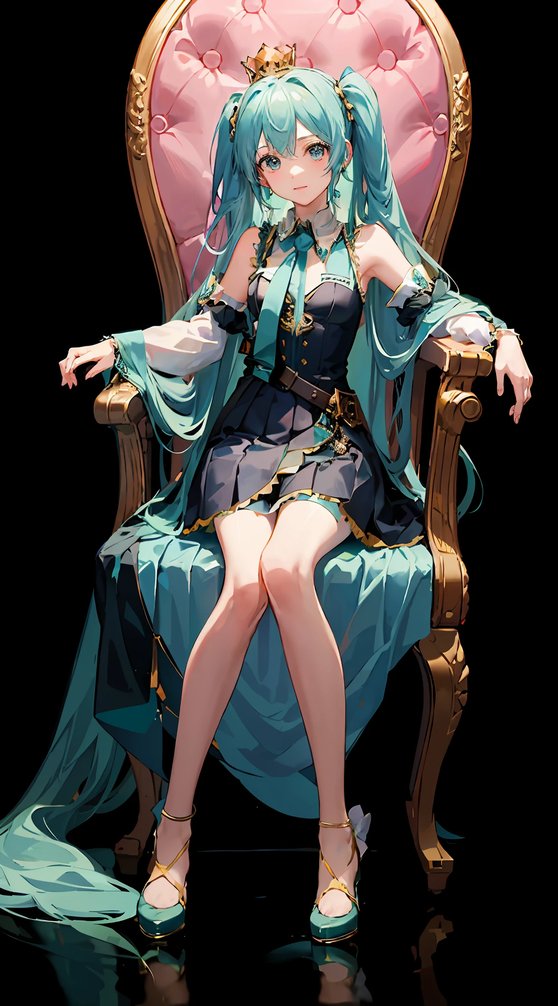 1girl, Hatsune Miku, princess outfit, crown, gold, ((throne)), in a castle, Middle Ages, wearing a blue vest, one foot on the ground, the other foot calf turned outward, one hand holding the microphone, the other hand across the eyes Biye, white background