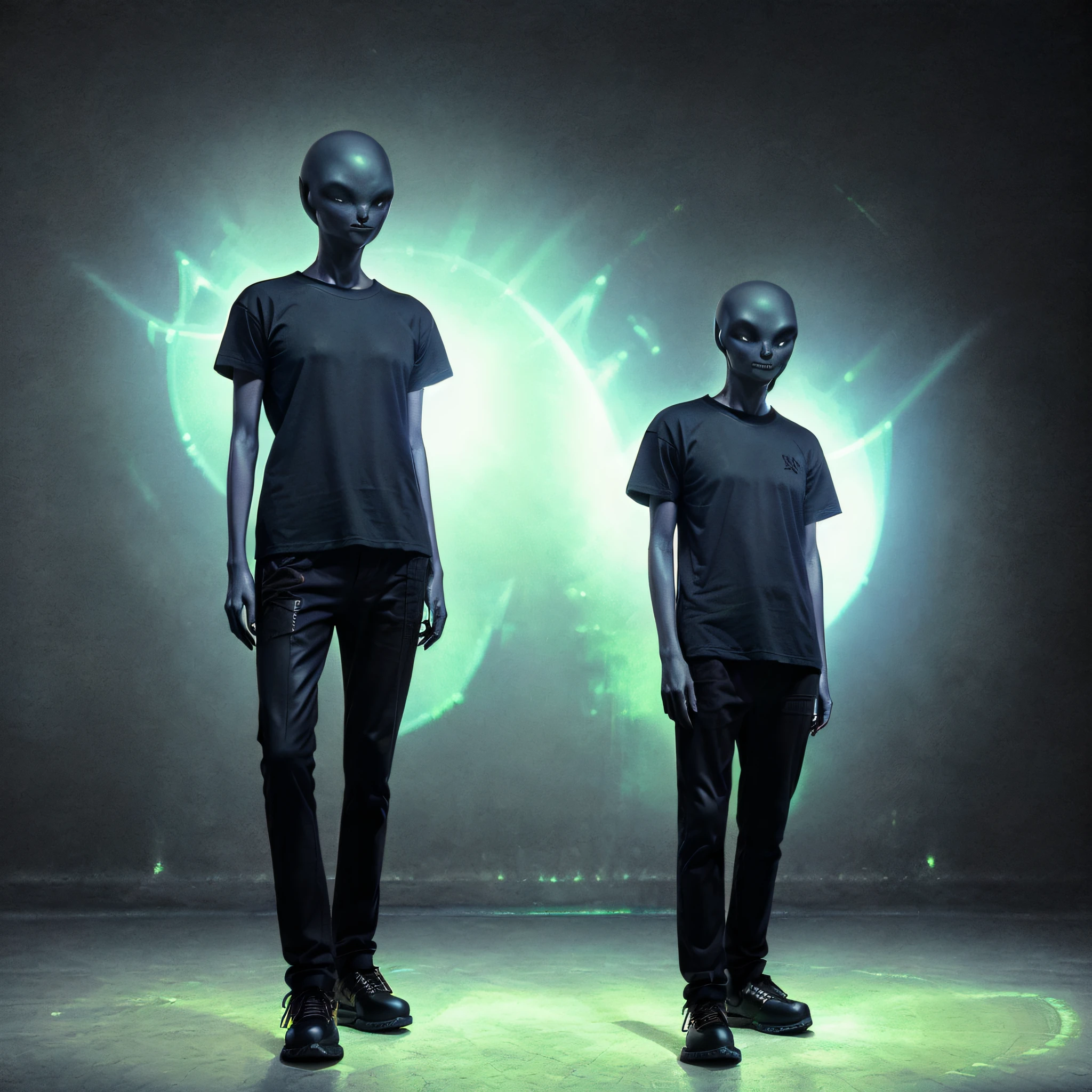 (((1 alien))) (((wearing basic black T-shirt))) standing front in a ((black background)) photo studio, a t-shirt model (8k, RAW photo, best quality, masterpiece:1.2), (realistic, photo-realistic) professional lighting, photon mapping, radiosity, physically-based rendering, retro futuristic model, black tshirt, tshirt model, (((photoshoot))) (full body))