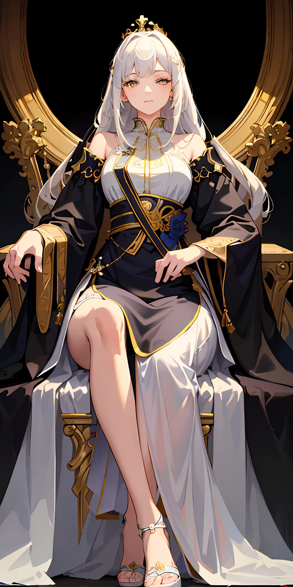 (Masterpiece:1.2), best quality, (illustration:1.2), (ultra-detailed), hyper details, (delicate detailed), (intricate details), (cinematic light, best quality Backlights), clear line, from below, soloist, perfect body, (1girl), white hair and yellow eyes, (emperor, black see-through clothes), (crown: 1.1), sitting on the throne, eyes slightly closed, head down, (shy: 1.2 ), (makeup), high contrast, (best illumination, an extremely create and beautiful), (cinematic light), colorful,