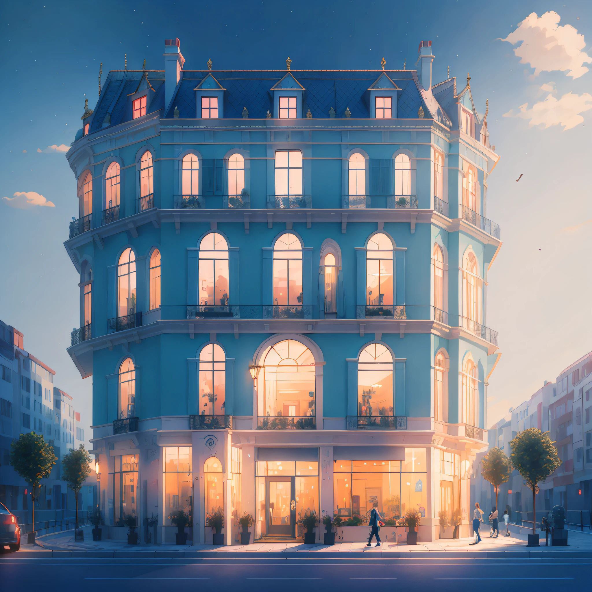 Masterpiece, best quality, high quality, very detailed CG uniform 8k wallpaper, bedroom, indoor, daytime, no humans, fit, landscape, bokeh, HDR, bloom, chromatic aberration, realism, very detailed, trends on artstation, trends on CGsociety, High Detail, art by midjourney, technology, comfory, pixiv, one bedroom and one living room, just one bed, cartoon, warm light, blue, with computer, There's robot butlers, there's robot toys