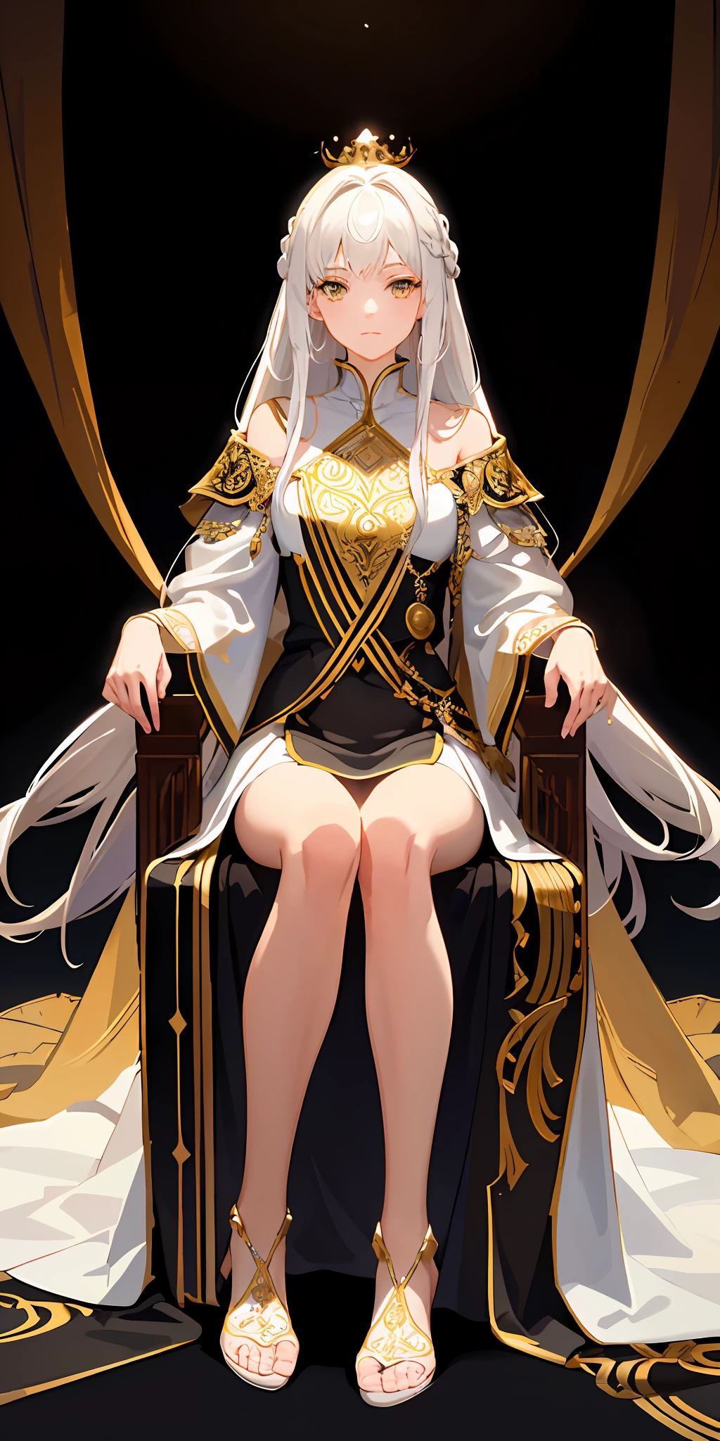 (Masterpiece:1.2), best quality, (illustration:1.2), (ultra-detailed), hyper details, (delicate detailed), (intricate details), (cinematic light, best quality Backlights), clear line, from below, soloist, perfect body, (1girl), white hair and yellow eyes, (emperor, black see-through clothes), (crown: 1.1), sitting on the throne, eyes slightly closed, head down, (shy: 1.2 ), (makeup), high contrast, (best illumination, an extremely create and beautiful), (cinematic light), colorful,