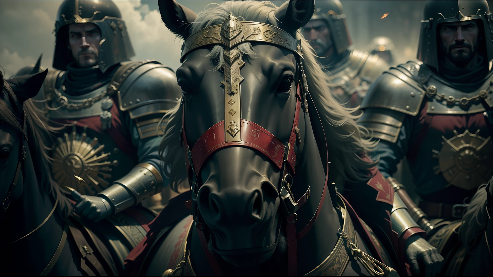 a close up of a group of knights riding on horses, cinematic red lighting, best of behance, unsplash 4k, tactical squads :9, anamorphic flares, of a old 13th century, animation key shot, by Daryush Shokof, dramatic lighting. stylized, military art, (art station), still from a music video, wh 4 0 k art