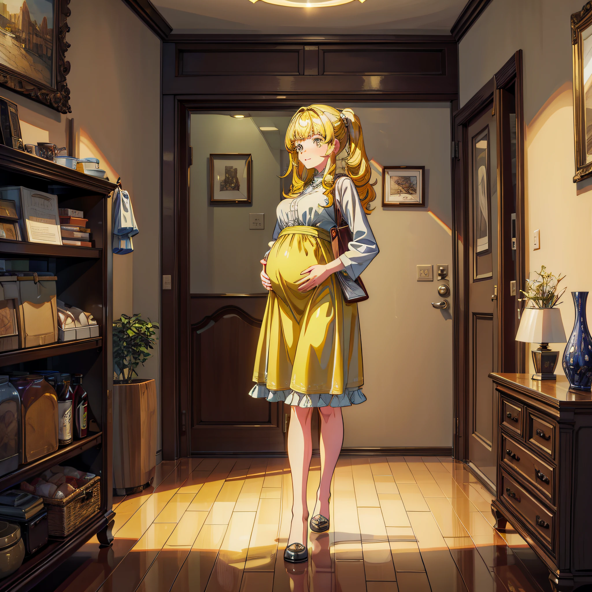 (masterpiece, super detail, high detail, best quality, 8k, living room, lighting in the home), the family took the already (pregnant woman, long yellow hair, casual clothes, high detail skin) to the new home: "Wife, this is our new house, the best house in the city center, if you want to live directly, now you can, furniture and appliances are also available." ”