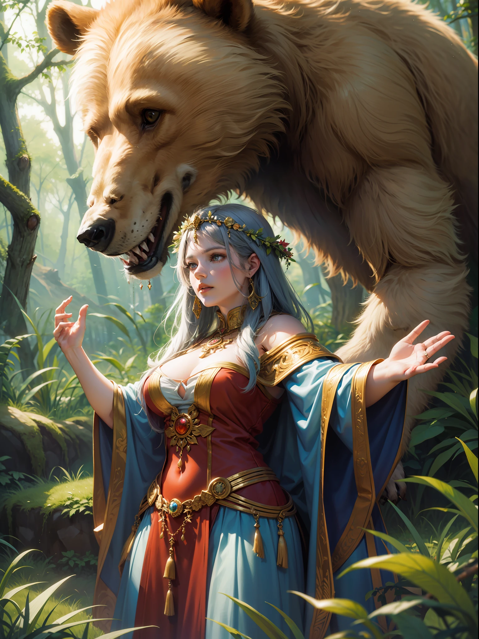 A beautiful druid woman stands in a clearing, her hands raised in reverence as a giant bear cares for her.