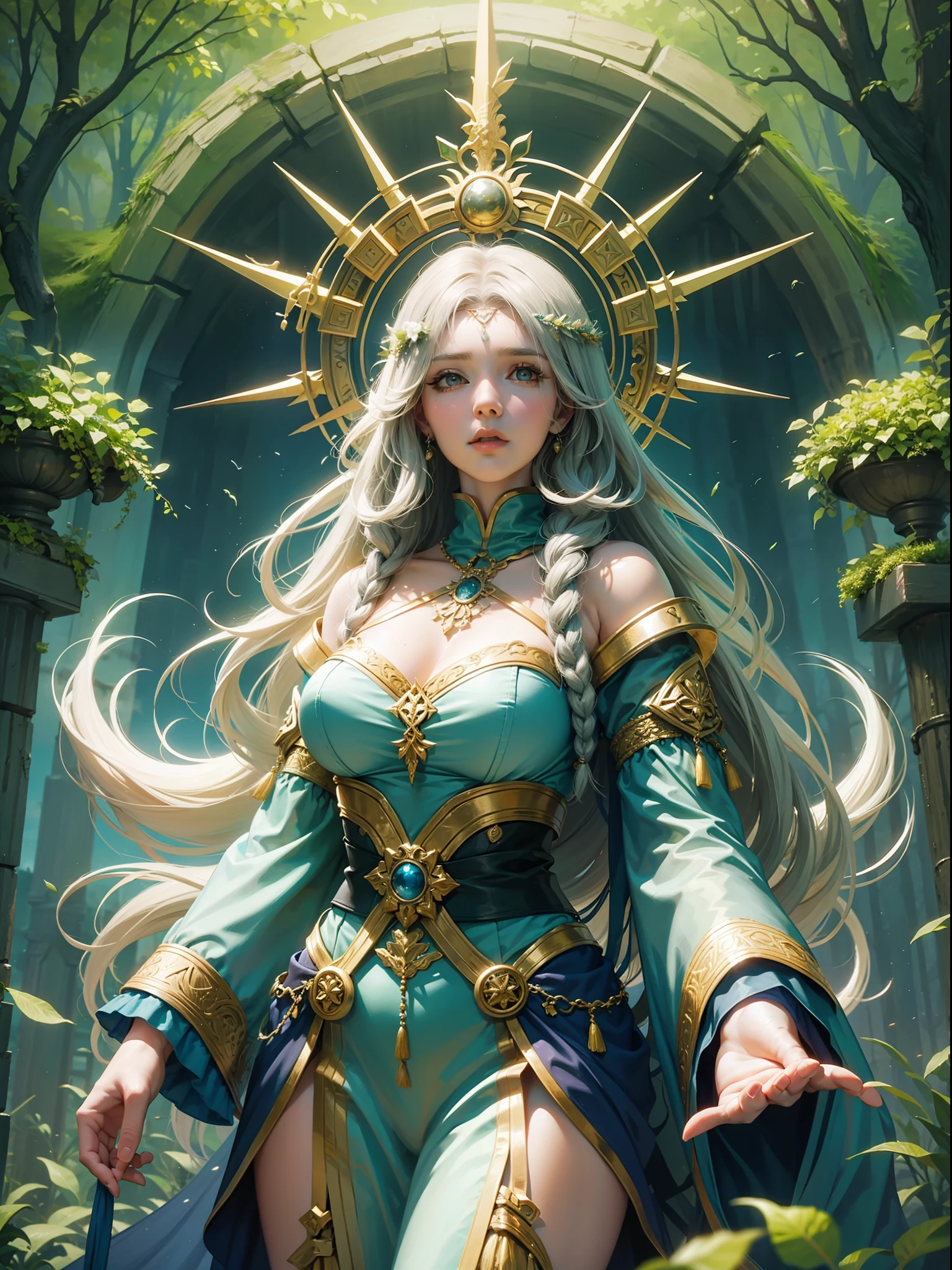 A beautiful druid woman stands in a clearing, her hands raised in reverence as a giant bear cares for her.