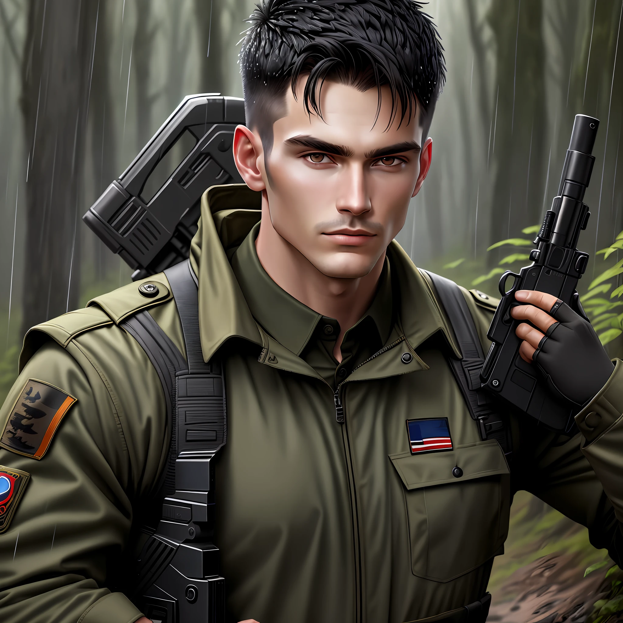 Soldier, 1 man looking at camera with model pose,black and short hair color, holding a gun,forest,rain,realistic,high image quality,16k