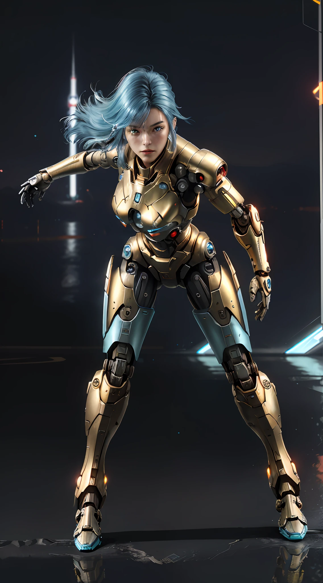 1 girl, solo, japanese girl, (((cyborg: 1.4))), cyborg girl, cyborg armor, cyborg costume, beautiful meticulous eyes, fine details, bright pupils, turquoise eyes, full body, room: 0.2, (((floating hair))), looking at the audience, pov, female focus, puffy eyes, short hair, bob hair, air explosion, dynamic pose, dynamic angle, close-up, battle pose, battle stance, running forward, (golden metallic| Red Metallic | Blue Metallic ))), (((metallic luster, metallic reflection, mechanical details, extremely mechanical details, complex mechanical structures))), (((specular power armor))), defeat, corpse, bloodshed, battlefield, mechanized background, giant robot in background, outdoors, movie lighting, cyberpunk world. Cyberpunk metropolis, neon, sci-fi style, SFW: 1.98,