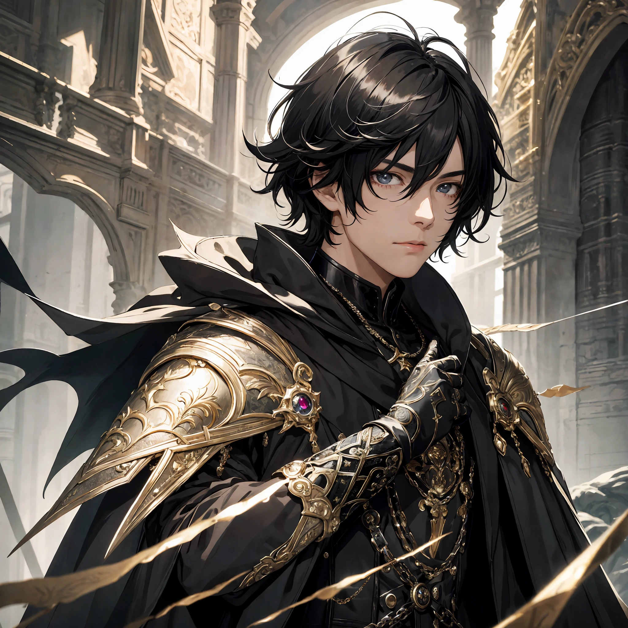 masterpiece, best quality, 1boy, teenager, male focus, solo, medium black hair, vibrant black eyes, looking at viewer, cape, High quality metal texture, overcoat, closed mouth, upper body, bangs, high collar,(kbxll:0.6), Fantasy aesthetics, Highly detailed, shadowverse style, fantasy outfit, metalic black gloves