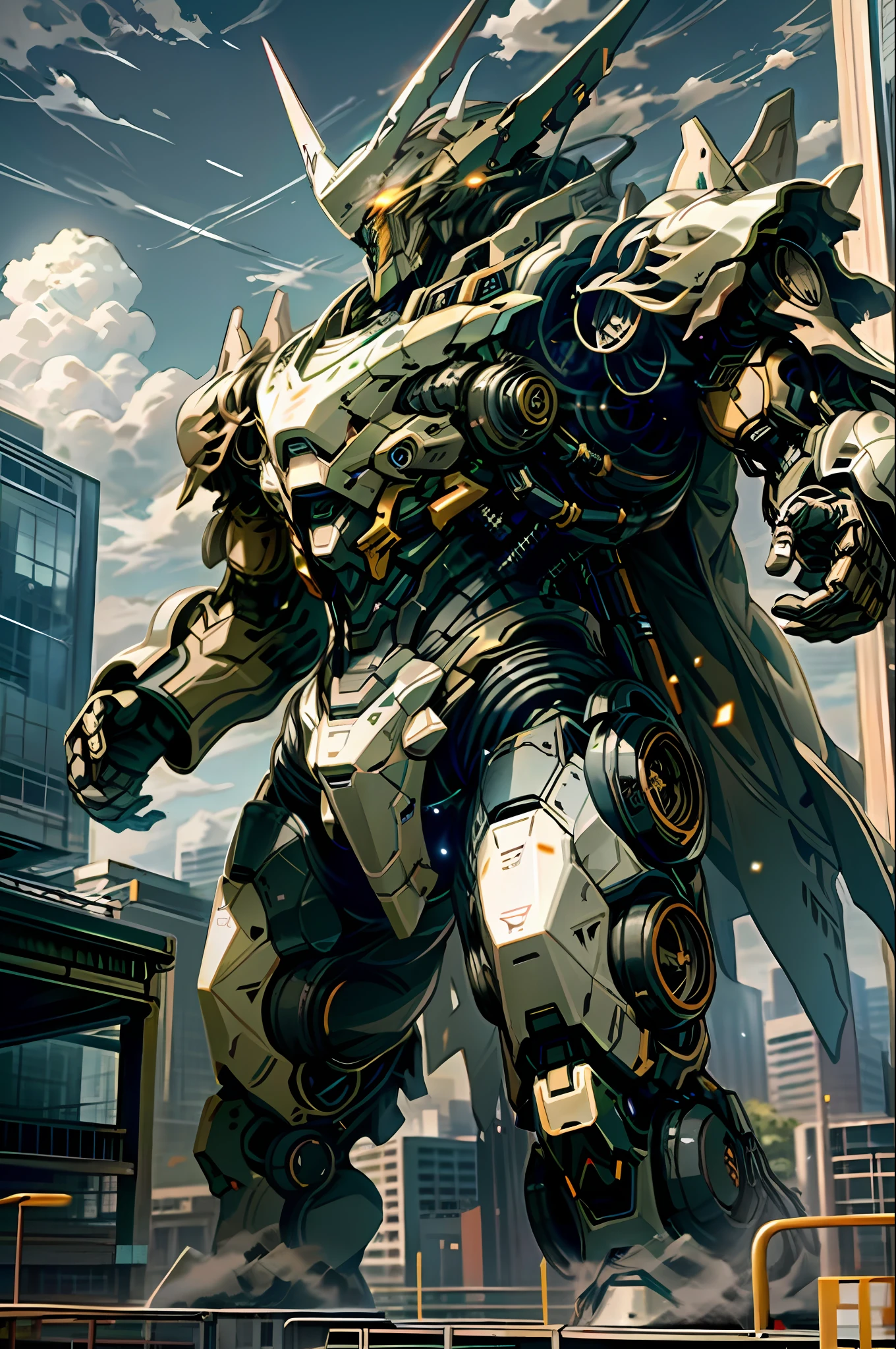 sky, cloud, holding weapon, no humans, glowing, state-of-the-art robot, building, glowing eyes, science fiction, city, real, state-of-the-art mecha,