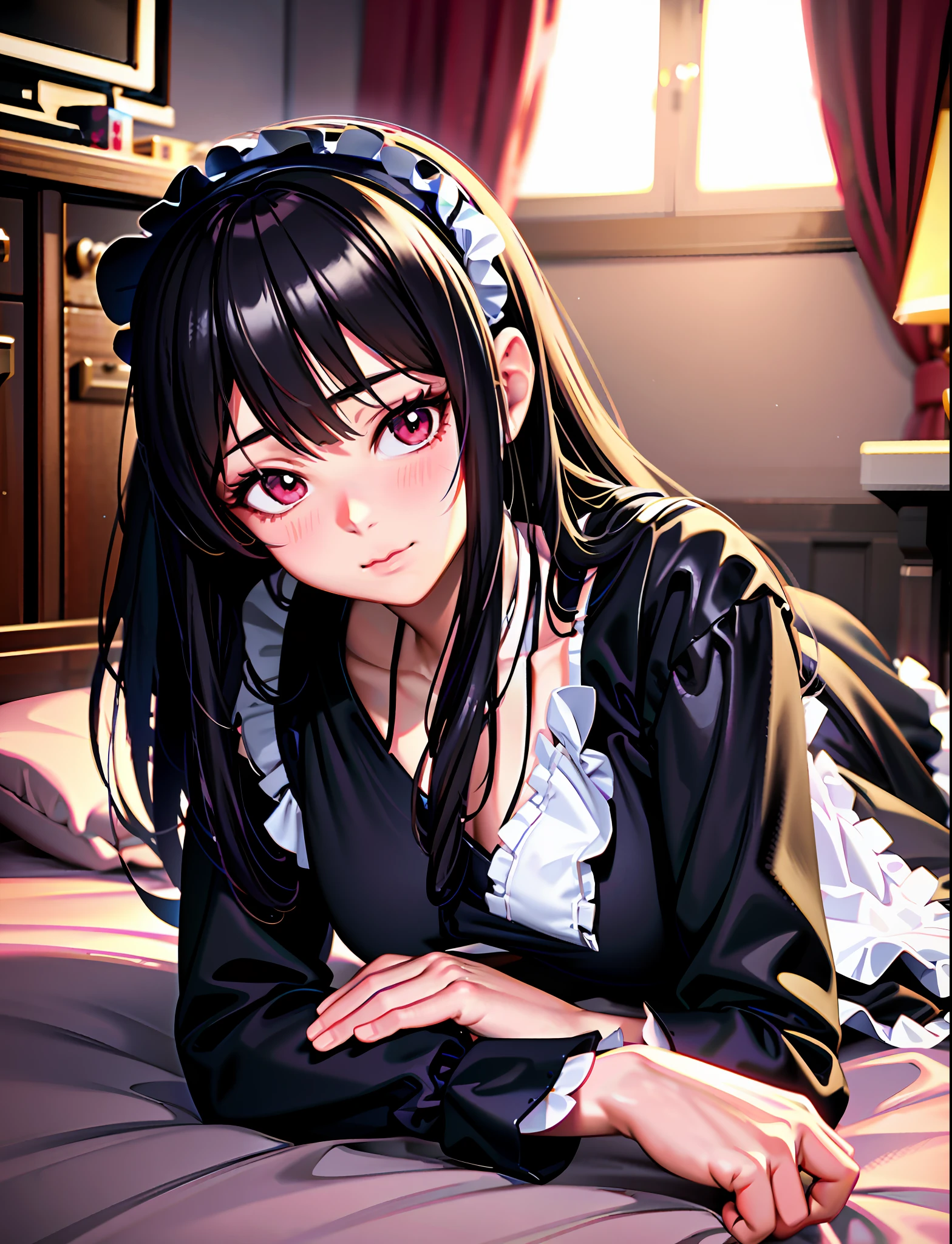 anime girl laying on bed with headband on her head, anime girl in a maid costume, smooth anime cg art, 3 d anime realistic, realistic anime 3 d style, 3d anime girl, realistic young anime girl, anime girl wearing a black dress, beautiful anime girl, anime waifu, attractive anime girl, cute anime girl, seductive anime girl, gorgeous maid