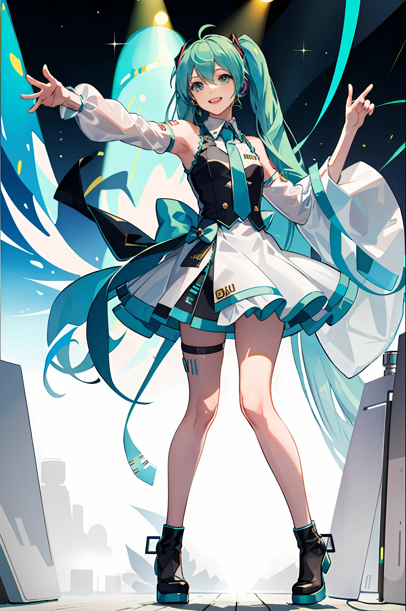 "1 girl smiling, (Vocaloid), (Hatsune Miku), (blue-green hair), (long hair), looking at the audience, volumetric light, microphone in one hand and Biye in the other, blue vest