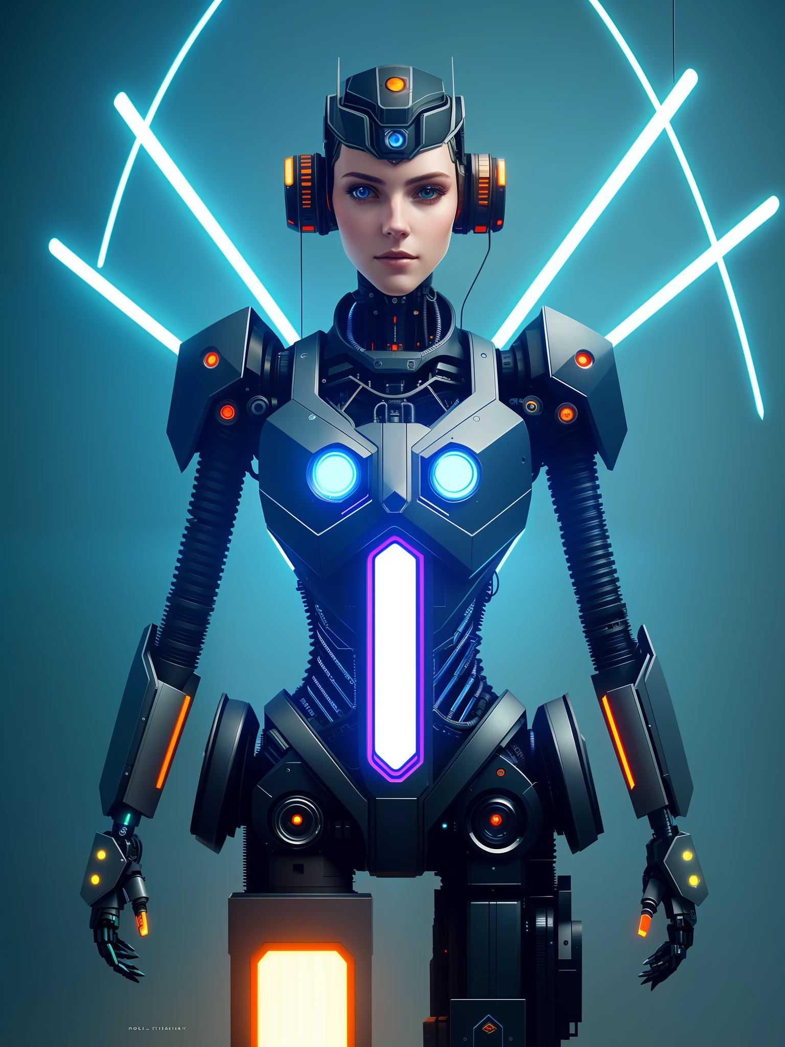 Full-body robot of the future| Full Body Portrait| detailed face| symmetrical| steampunk| cyberpunk| cyborg | intricate detailed| scalar| hyperrealistic| cinematographic lighting| digital art| concept art| Style MDJRNY-V4