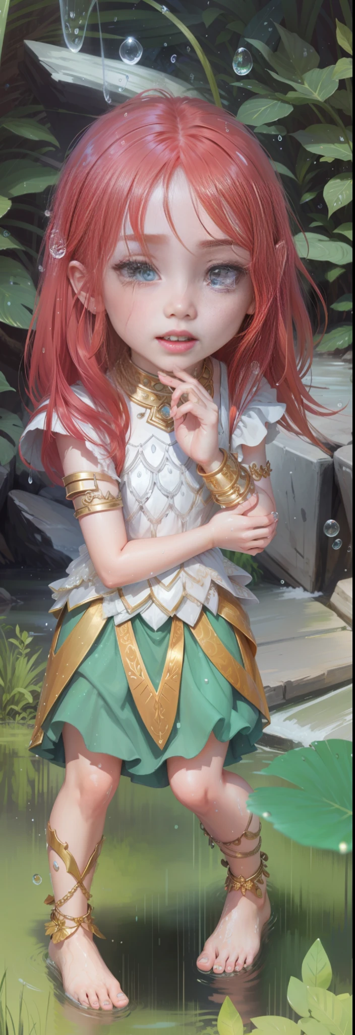 A crying maiden, red hair, sad, upper body in scaly clothing, shabby green skirt, barefoot, gold bracelet anklet, soaked with water droplets, soft light, background forest paste, HD, Disney style, perfect fingers and toes,