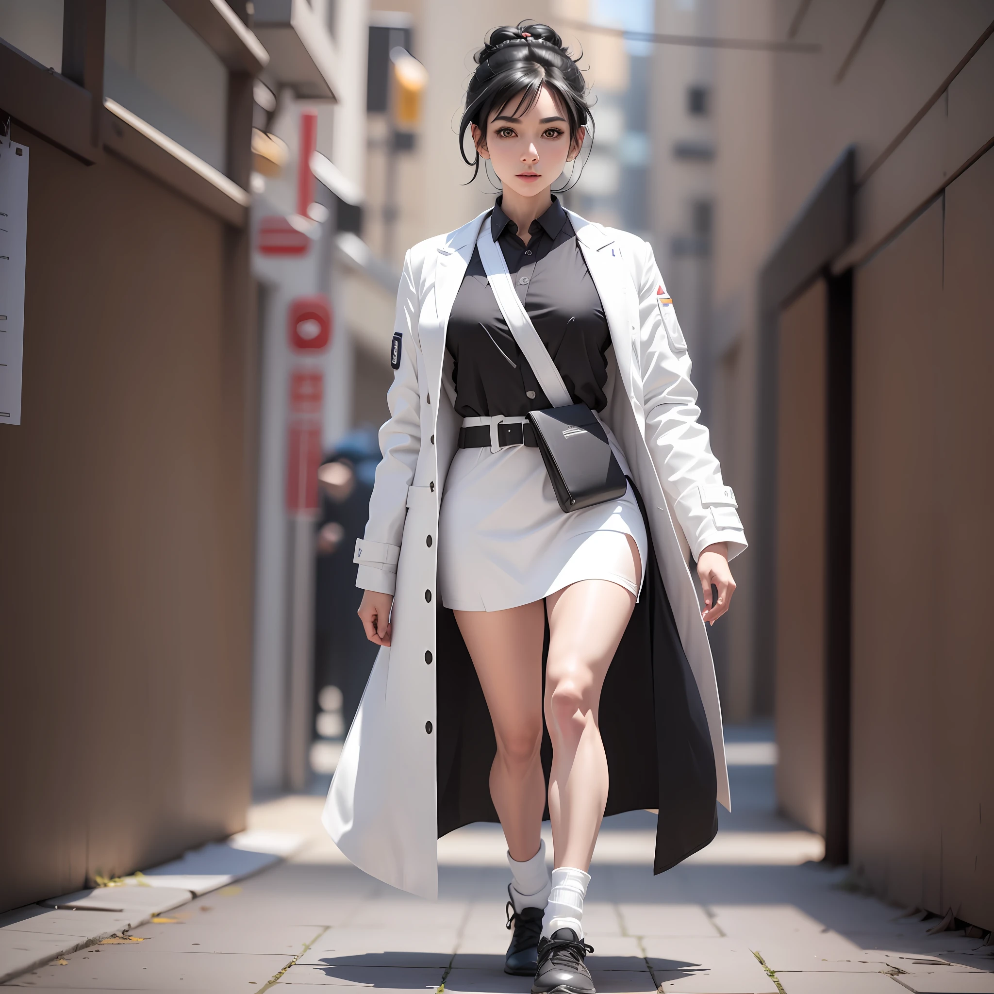 Create a mascot for a body aesthetics company. Black hair tied back and white doctor's coat. Full-body cinematic light with quality greater than 4k. (doctor's white coat:1.3), (black hair:1.2), (full body color:1.2), ultra-detailed, realistic, cinematic textured visuals, blurred bokeh in the foreground. --auto --s2