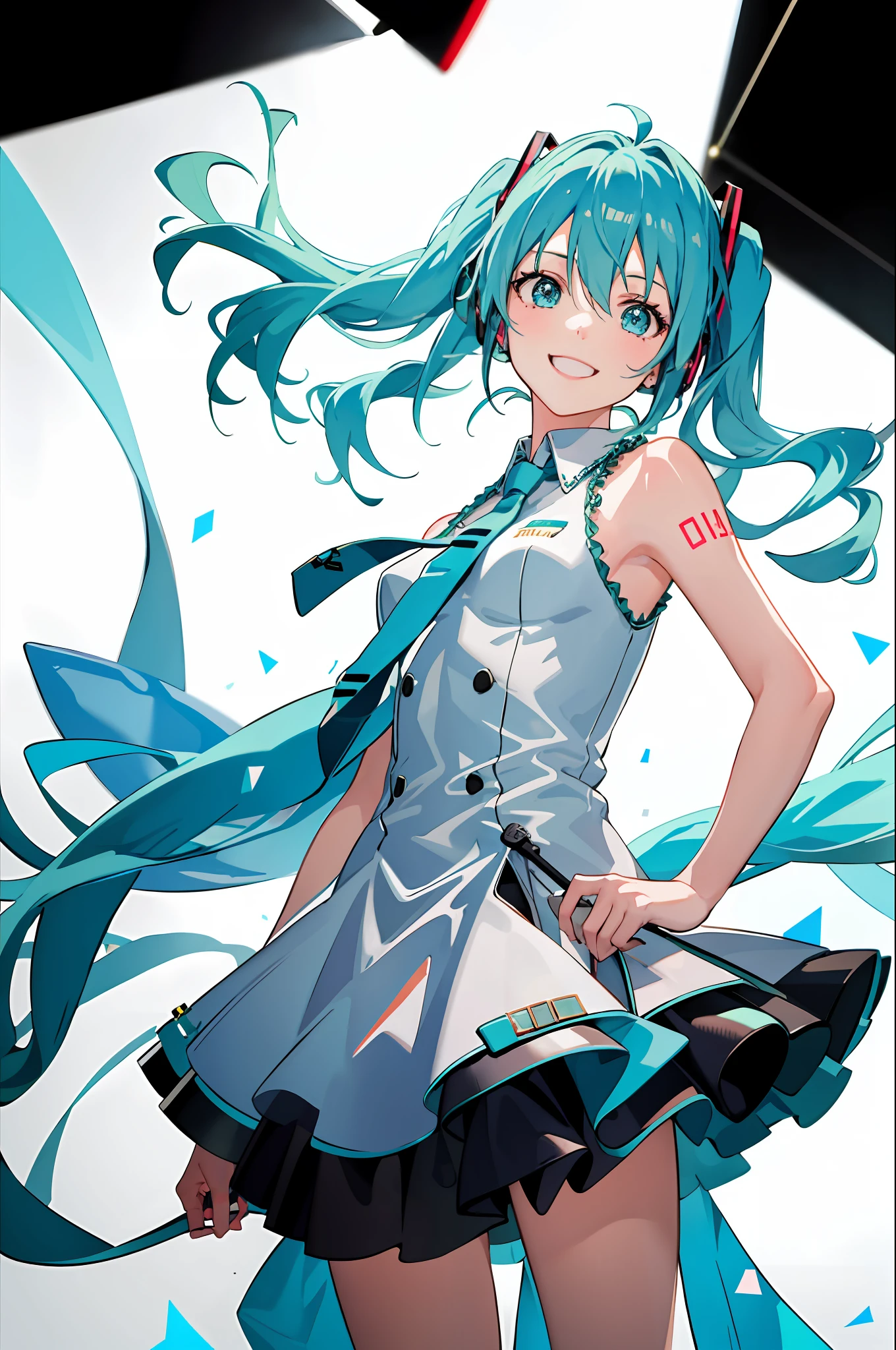 "1 girl smiling, (Vocaloid), (Hatsune Miku), (blue-green hair), (long hair), looking at the audience, volumetric light, microphone in one hand and Biye in the other, blue vest