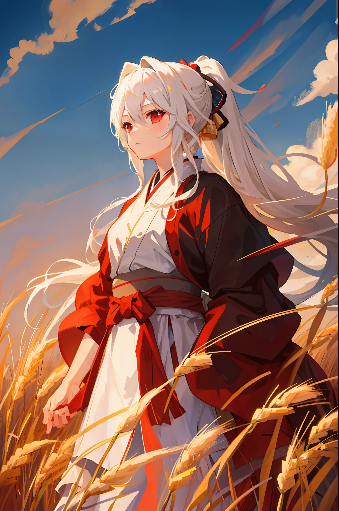 "Masterpiece, best quality portrait of 1 girl with white hair in a ponytail and red eyes, dressed as a samurai, set against a wheat landscape with sun and clouds. Neutral colors and HDR effect with a weight of 1.4."
