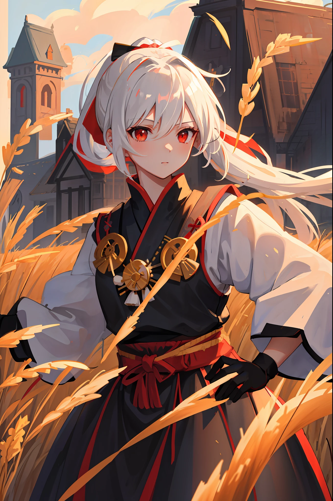 "Masterpiece, best quality portrait of 1 girl with white hair in a ponytail and red eyes, dressed as a samurai, set against a wheat landscape with sun and clouds. Neutral colors and HDR effect with a weight of 1.4."