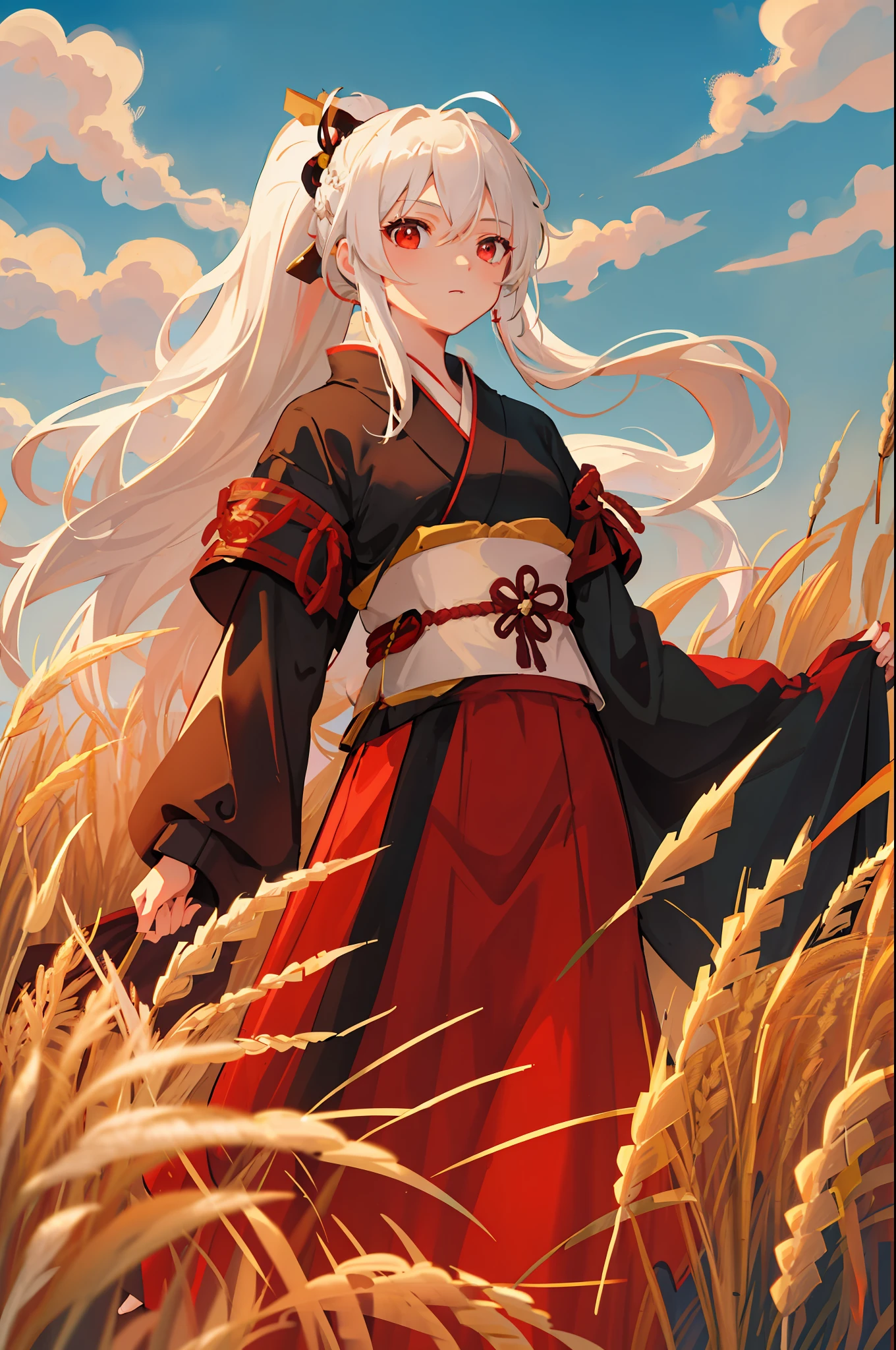 "Masterpiece, best quality portrait of 1 girl with white hair in a ponytail and red eyes, dressed as a samurai, set against a wheat landscape with sun and clouds. Neutral colors and HDR effect with a weight of 1.4."