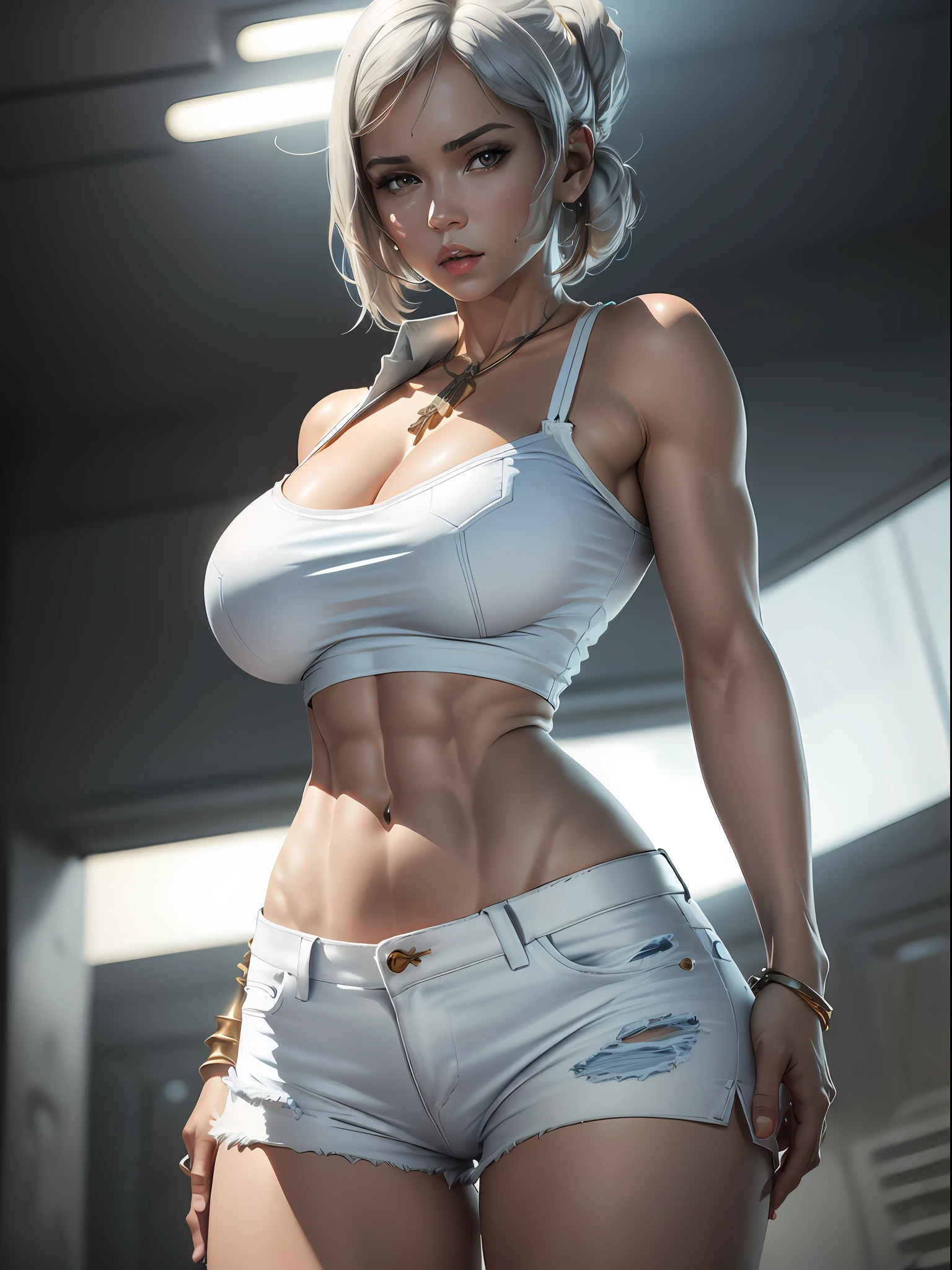 (((solo))) (((1girl))) (((white top))) (((blue jeans shorts))) a seductive woman wearing a tight mini skirt, muscular thighs, huge boobs, cleavage, jewelry, depth of field, cinematic lighting, anatomically correct, high detail, UHD, textured skin, dynamic angle