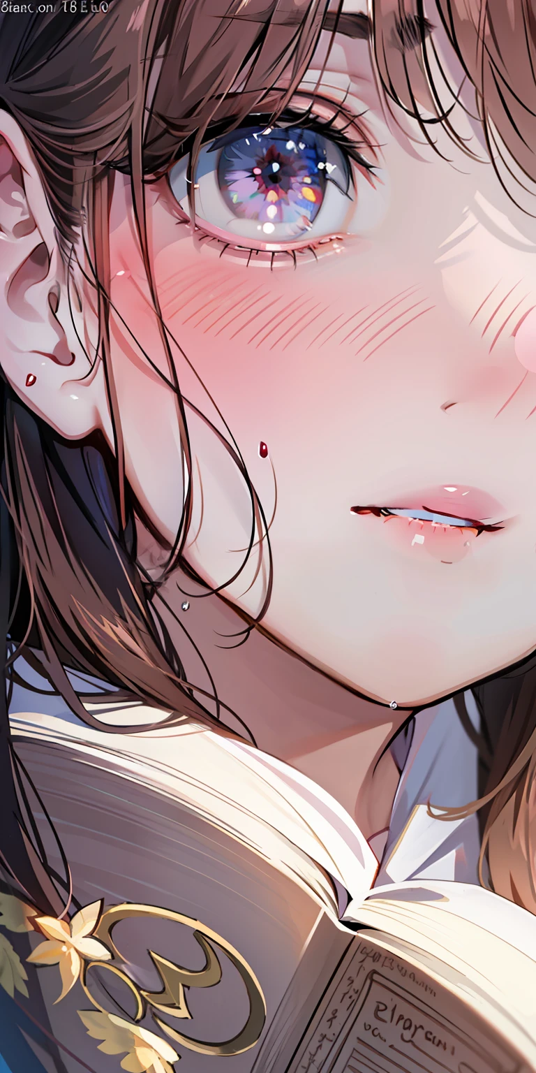 Close-up of a book with photos of women, magazine, asian girls, beautiful breasts, sexy girls, delicate faces, low angles, beautiful crystal big eyes, UHD, HDR, 8K, (Masterpiece: 1. 5), sweating, blush, delicate facial features, hot breath out of the mouth