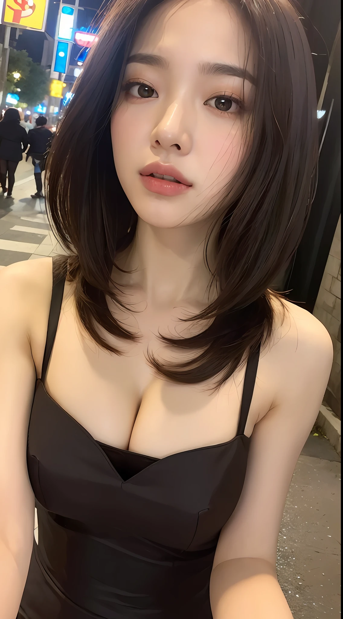 ((Realistic lighting, Best quality, 8K, Masterpiece: 1.3)), Clear focus: 1.2, 1girl, Perfect body beauty: 1.4, Slim abs: 1.1, ((dark brown hair, Big breasts: 1.3)), (Aqua dress: 1.4), (Outdoor, night: 1.1), City streets, Super fine face, fine eyes, double eyelids, exposed cleavage