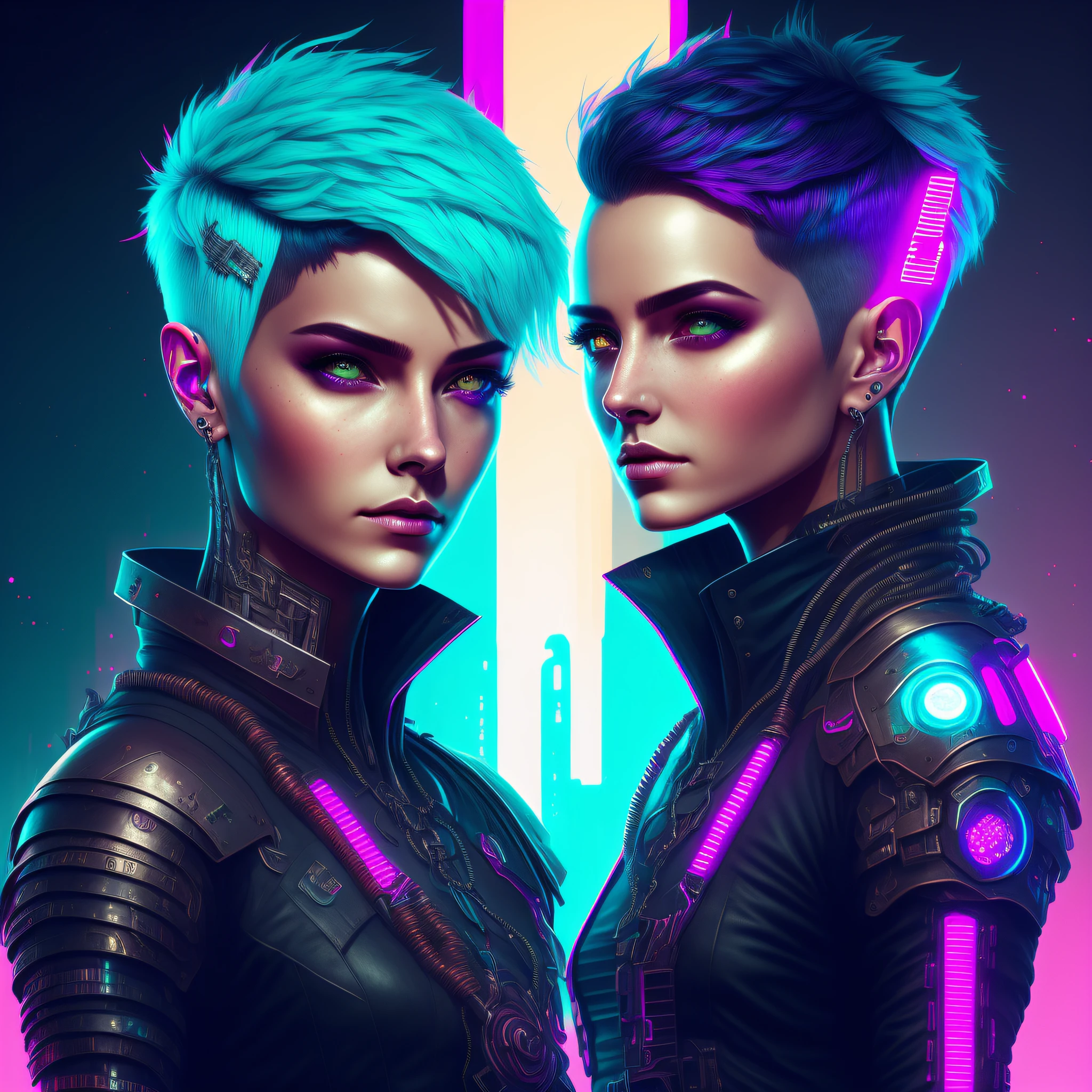 character, woman, ((1 girl)), perfect, short hair, piercing, detailed medieval portrait of cyberpunk style, futuristic (neon: 1.1) reflective wear, science fiction. artgern, art, illustration, ((dark environment)), ((vegnette)), ((HDR)) ((minimal palette colors)), soft tones, soft colors, faint colors, calm, highly detailed pastel colors, intricate details