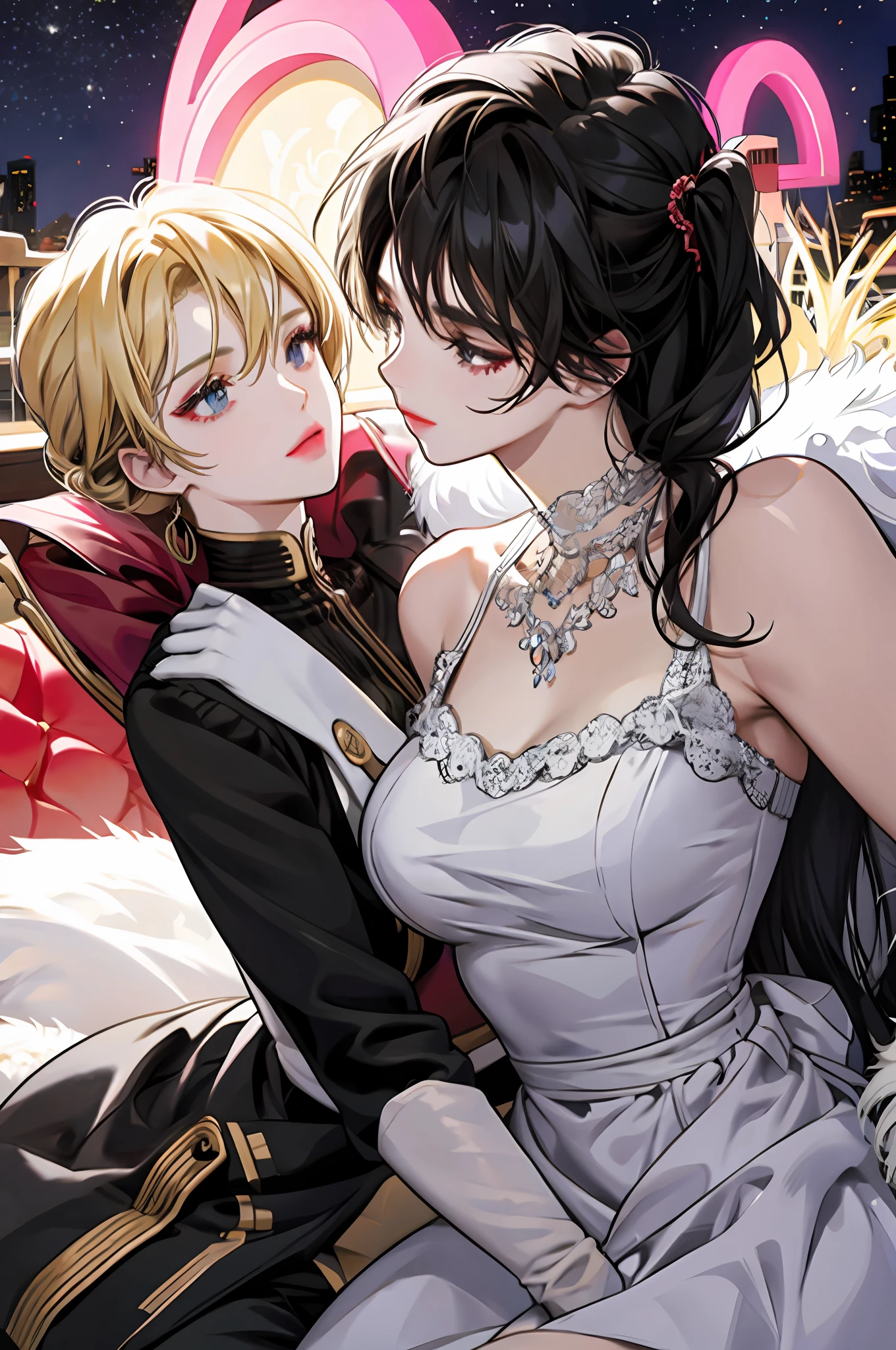 Lesbians, Black-haired girl with kisses another blonde girl, high quality, highly detailed, masterpiece, kiss, they are in love with each other, It's night, and their faces are very close