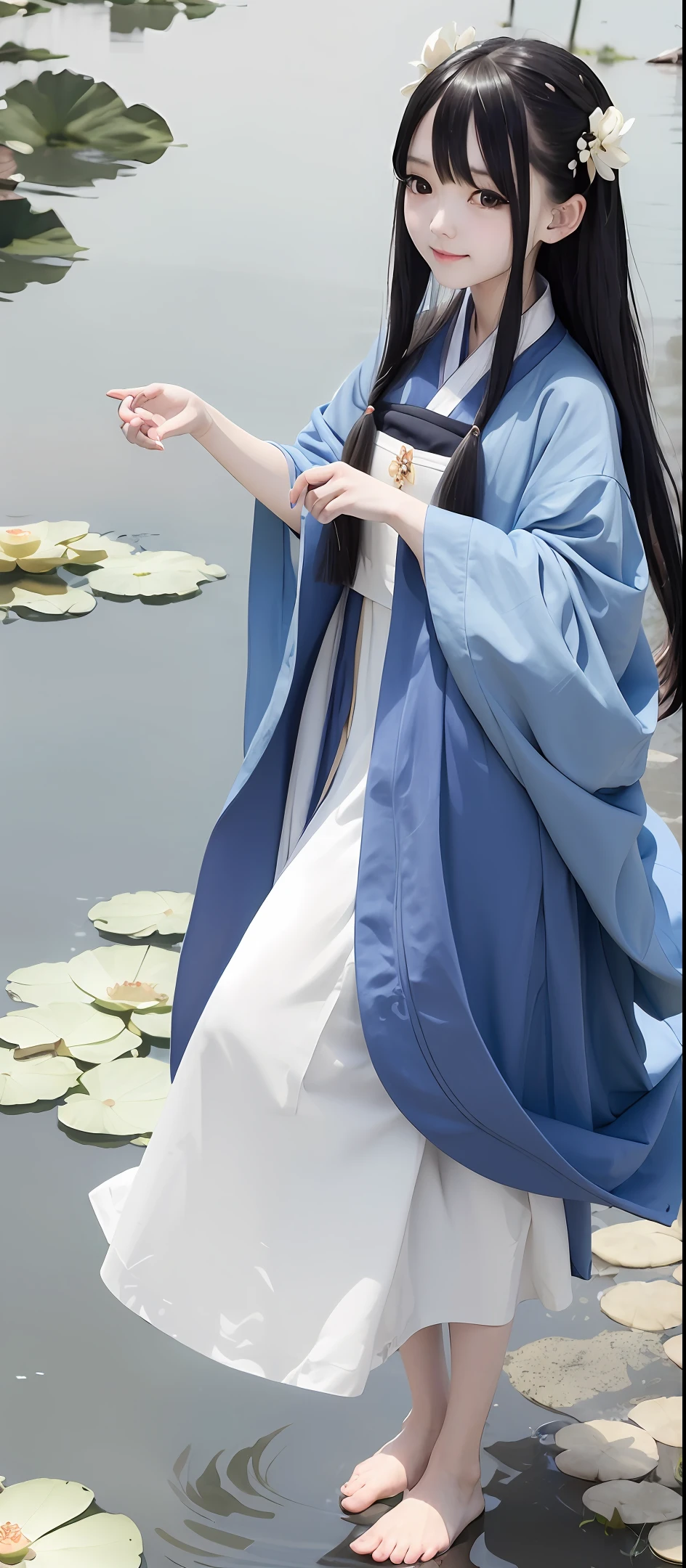 ((4k,masterpiece,best quality)), shuimobysim, traditional chinese ink painting, lotus, hanfu, maxiskit, dress conservatively 1girl, solo, long blue hair, smile, standing, feet in the water, barefoot,