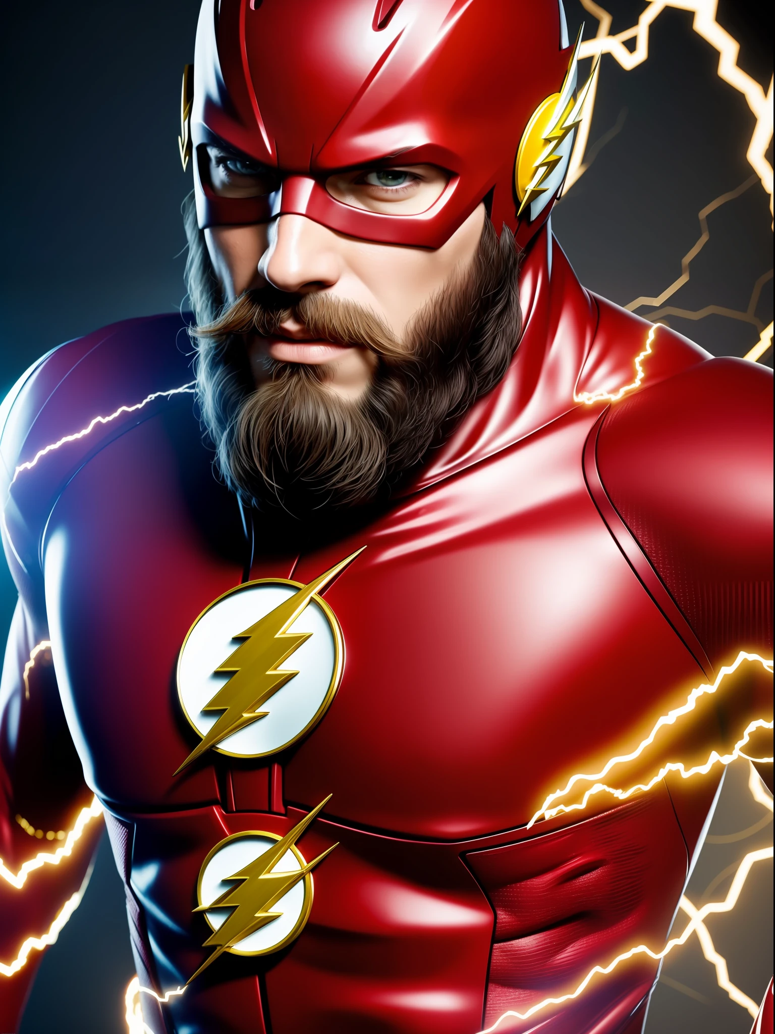 (photorealism, best quality, wallpaper in 8k ultra detailed),(perfect anatomy), the Flash, no mask, bearded man with black hair