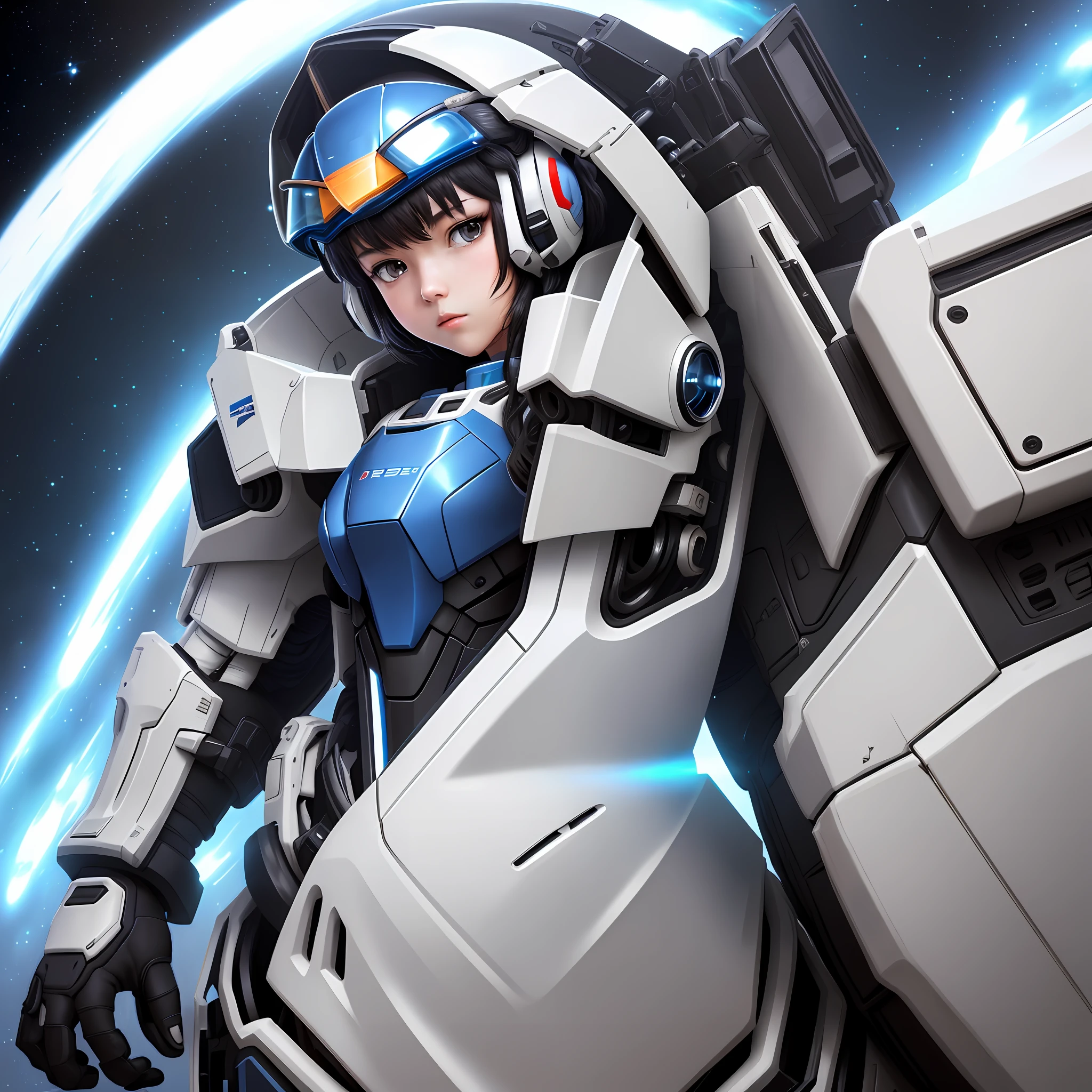 Elaborate CG Unity 8K wallpaper, masterpiece, top quality, distinct_image): (high definition, realistic, detailed details, lone girl, girl with short black hair, full body figure, small breasts, sparkling black colored eyes, light on face, white and blue color flight suit, tight fit clothes, full-body covering clothes, beauty, ((album cover)), slim body, exoskeleton, Gundam pilot in white and blue colors, gentle expression, helmet)