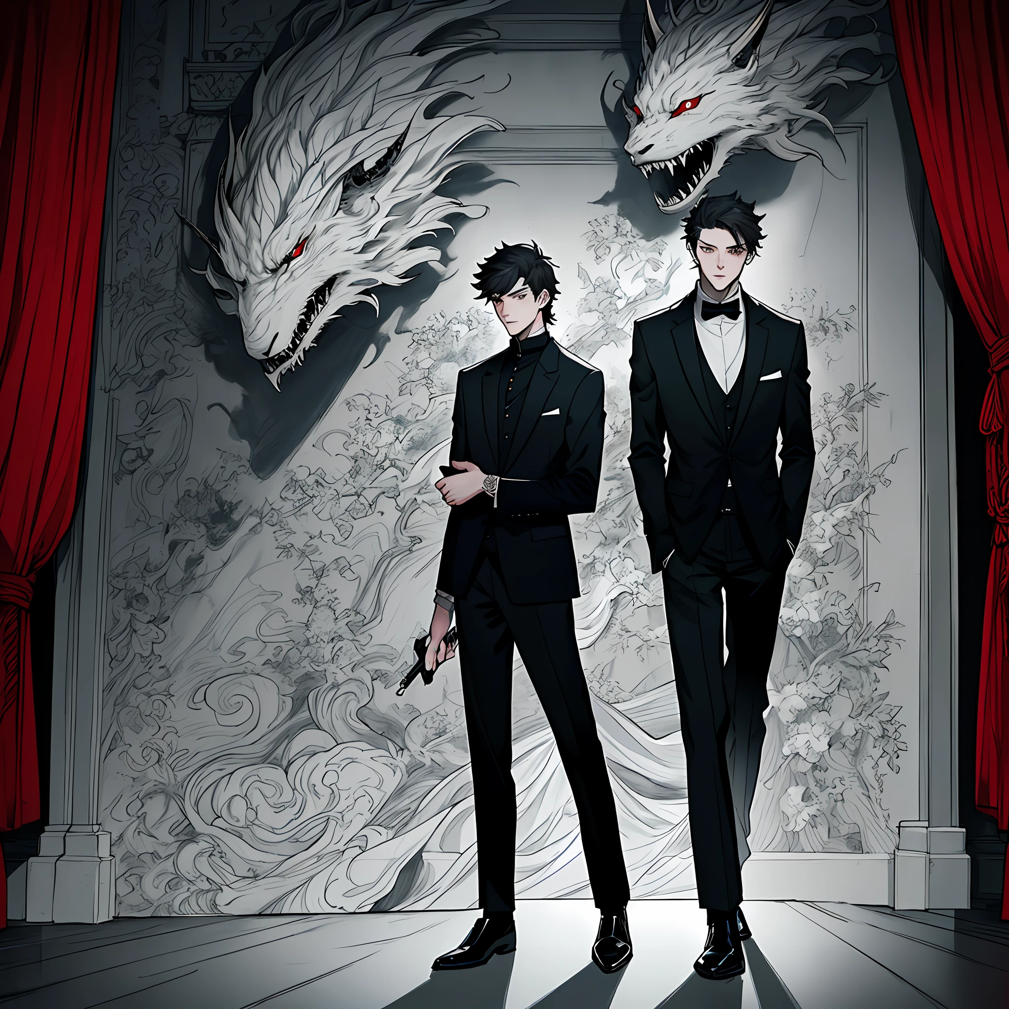 A man dressed up with a suit and in a dark room, in the style of yuumei, manticore, kris knight, red, master of ink, posuka demizu, caffenol developing --s 180 --ar 9:16 --q 5  --niji 5