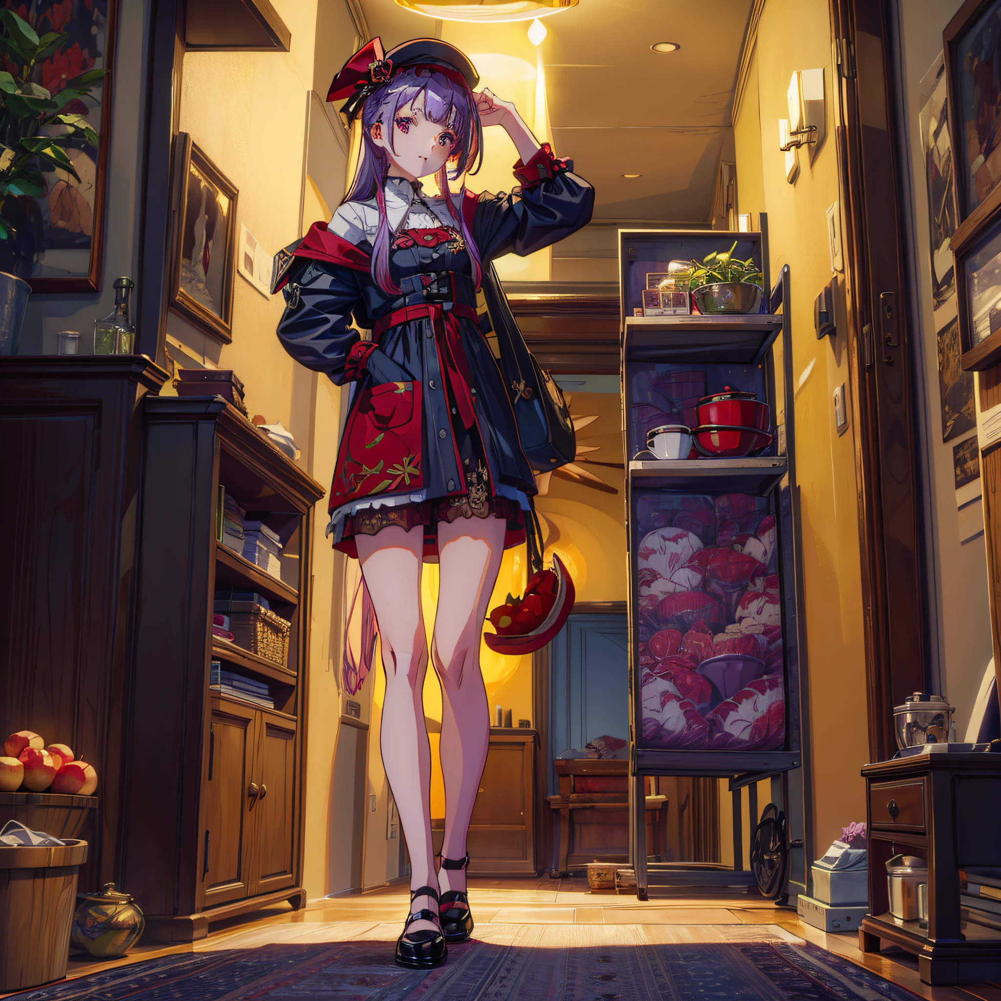 (masterpiece, super detail, high detail, best quality, 8k, living room, home lighting), (woman, long purple hair, casual clothes, high-detail skin) immediately began to move, disassemble and dismantle, about 10 minutes, as small as shoes and hats and clothes at home, pots and pans, but everything that can move, all were taken away, even the rotten apples they took over today were picked up and thrown in.