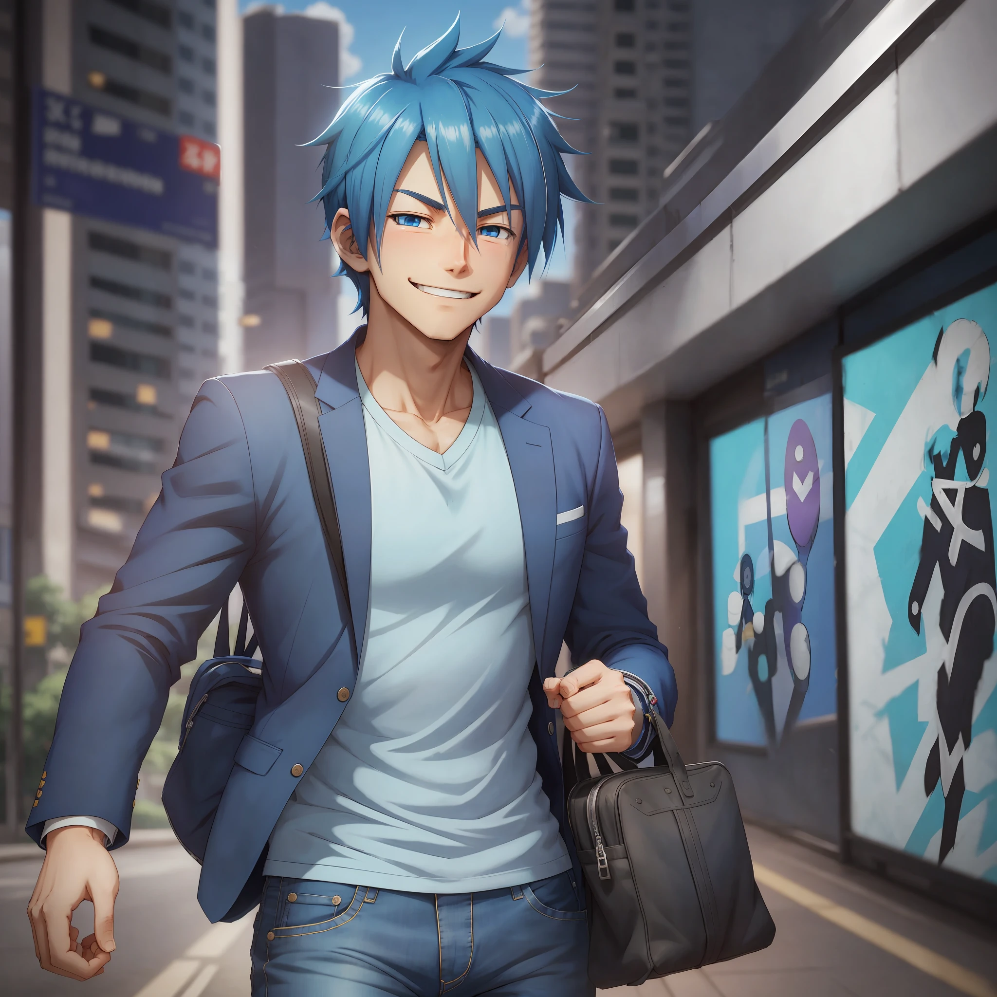 Animation of the young character smiling with anime style, blue hair, is wearing a blue shirt and blazer for a professional look. He wears jeans and a pair of sneakers, he's got fondness in hand. Welcoming complete with a background and Professional Closing 8.0 in 3D. Collection 4D, n-6. No text. --auto --s2
