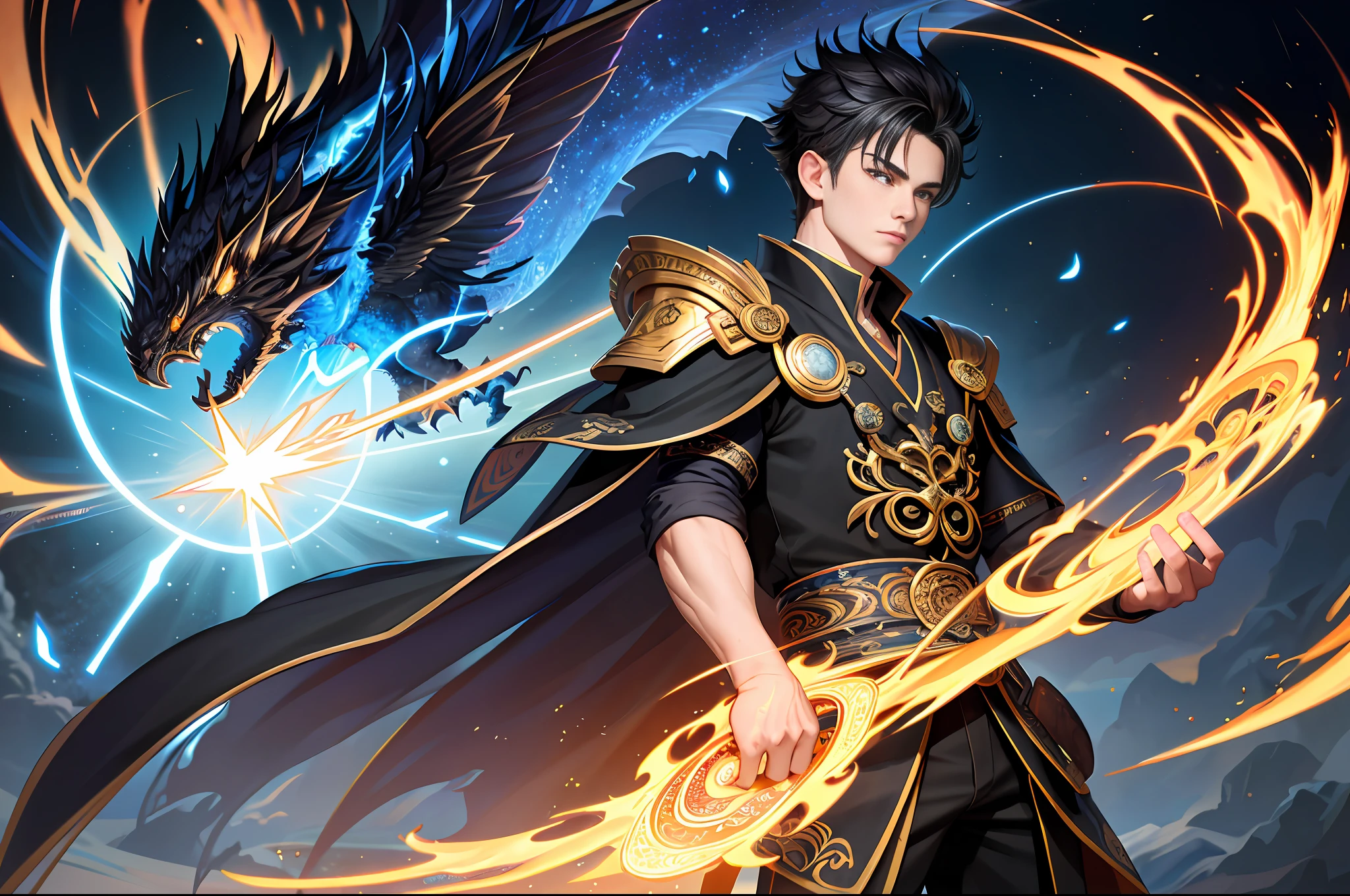 It is an elaborate and intricate fantasy portrait depicting a stout and determined seventeen-year-old man with an aura, a huge bright blue light behind him, bright black hair, dragons and phoenixes flying, golden light, Chinese martial arts style.