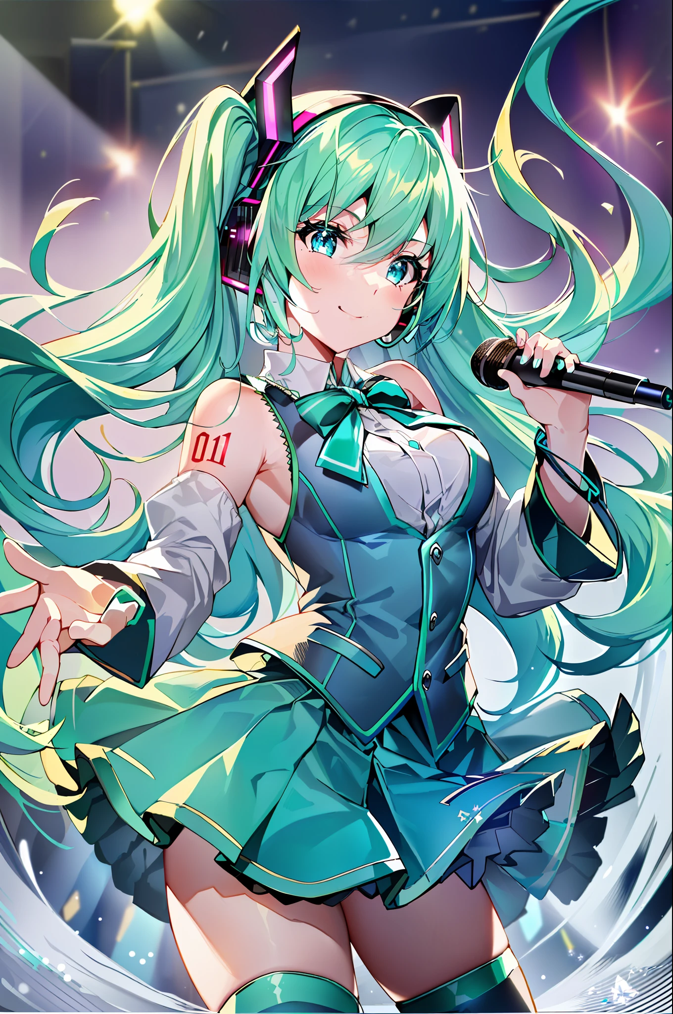 (Extremely detailed CG Unity 8k wallpaper, masterpiece, best quality, super detailed), (best lighting, best shadow, extremely refined and beautiful), dynamic pose, [(((1 girl)), blue eyes, ((turquoise hair): 1.2|(aquamarine hair: 1.2|(mint hair): 1.2), ((headphones), (blue vest), (cute socks)), playful smile, (dynamic hair) (skirt), delicate thigh boots) :(1.3)], [ (Color laser show, stage lighting, smoke, glow sticks, glow),:0.9], (Hatsune Miku), (concert), (singing on stage), (cheering with her fans), (magnifying her face), (showing her personality)