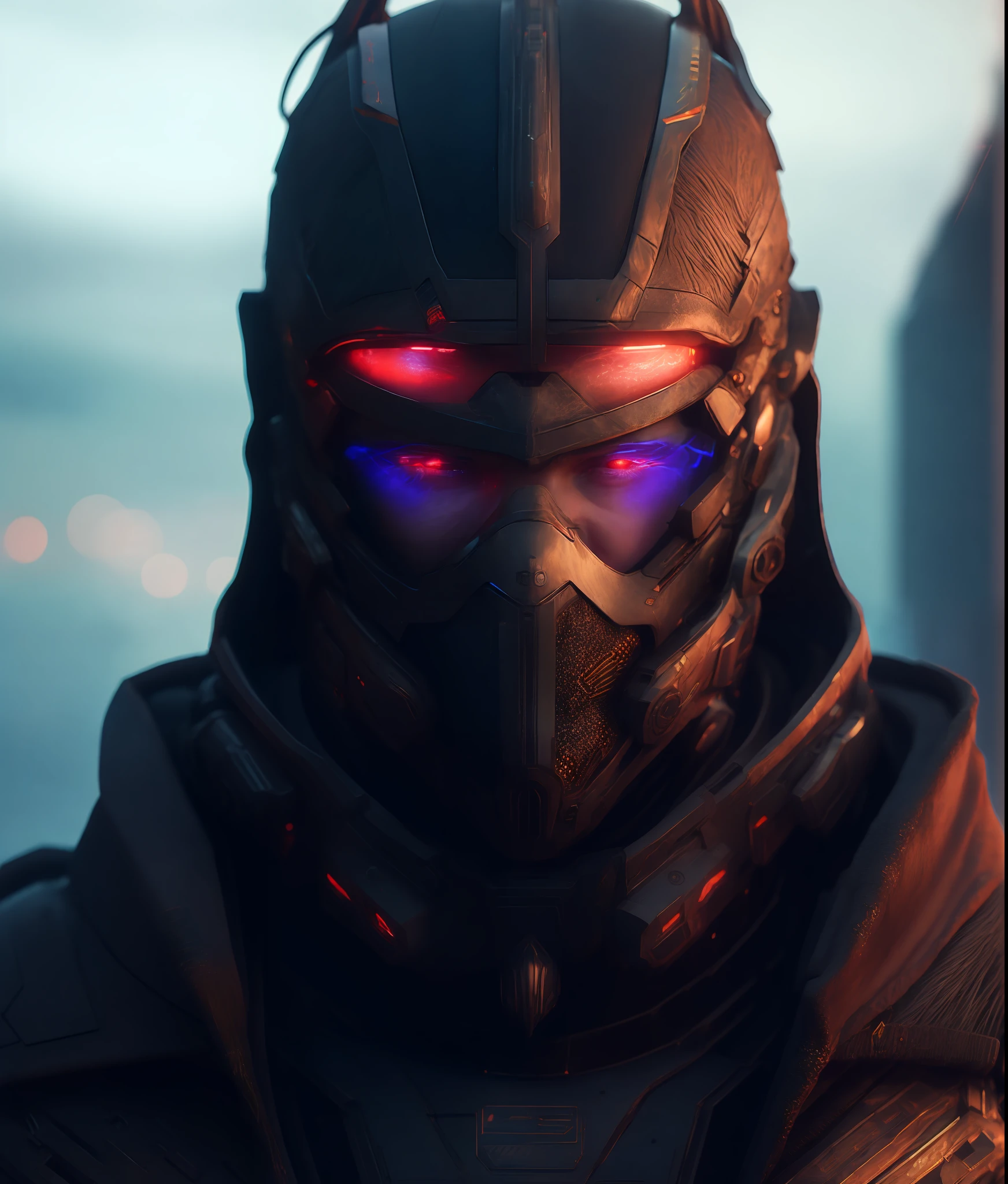 Portrait of a Russian evil cyberpunk robot, dark styled, dramatic, extremely detailed, trending on artstation, cinematic view, beautiful composition, ambient light, fog, phenomenal photography, wide angle, 8k, epic, photorealism, ray tracing, sharp focus, depth of field, Professional, masterpiece, commissioned, best quality, Color Corrected, fixed in post