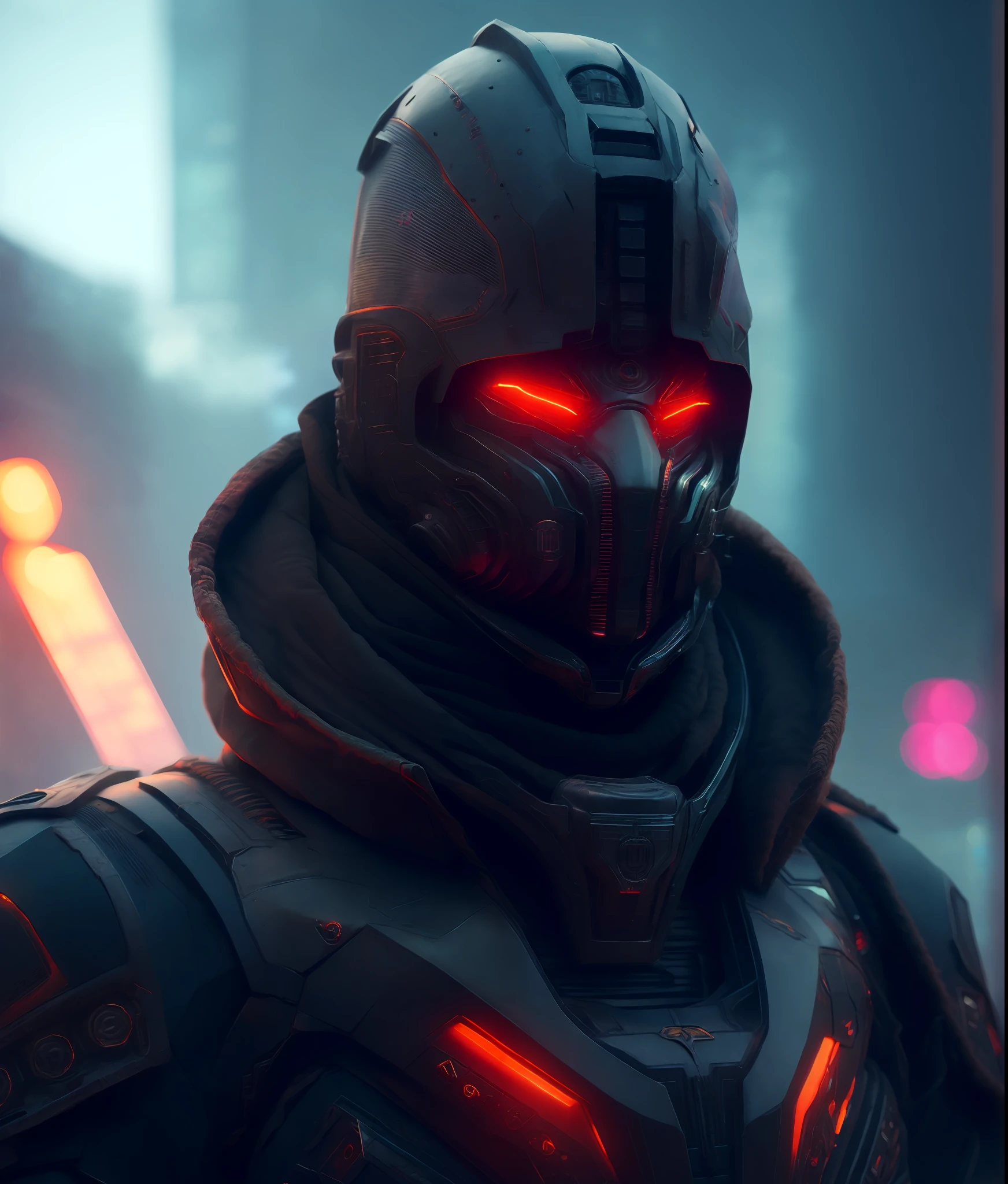 Portrait of a Russian evil cyberpunk robot, dark styled, dramatic, extremely detailed, trending on artstation, cinematic view, beautiful composition, ambient light, fog, phenomenal photography, wide angle, 8k, epic, photorealism, ray tracing, sharp focus, depth of field, Professional, masterpiece, commissioned, best quality, Color Corrected, fixed in post