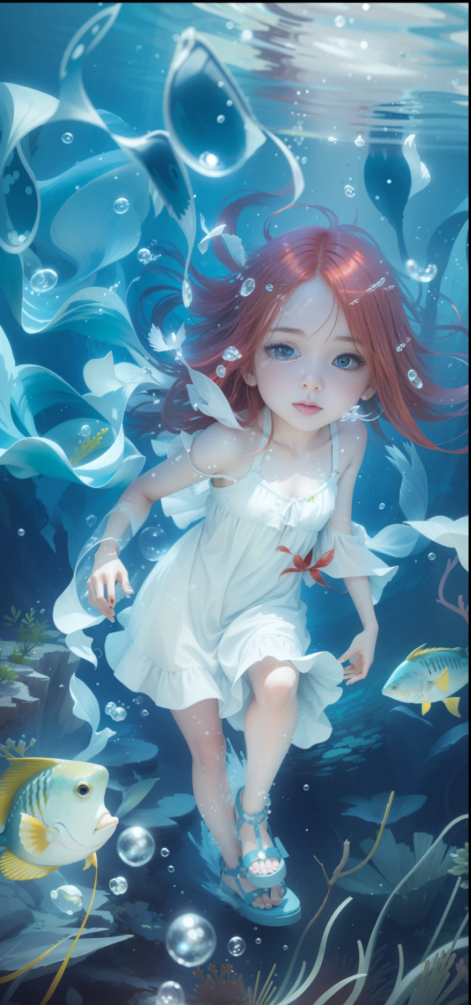 A girl in the water, red hair fluttering, sad, white dress on the upper body, like clothes, green sandals, bubbles in the water, all kinds of fish, water wave light and shadow, soft lighting, background underwater, HD, Disney style, perfect fingers and toes,