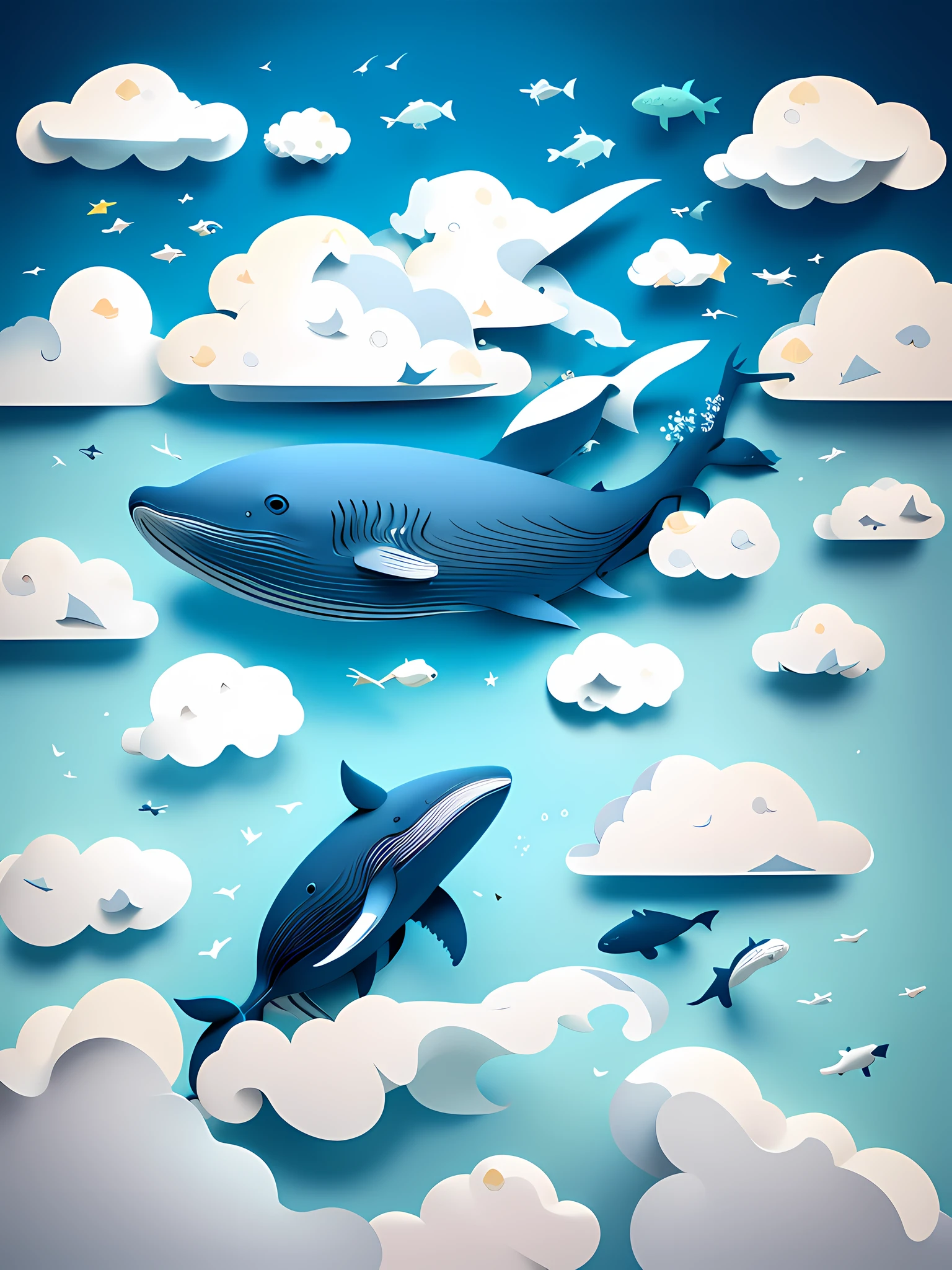 realistic, (best quality, masterpiece:1.3),illustration,whale , floating in the clouds, cloudy sky, paper_cut,