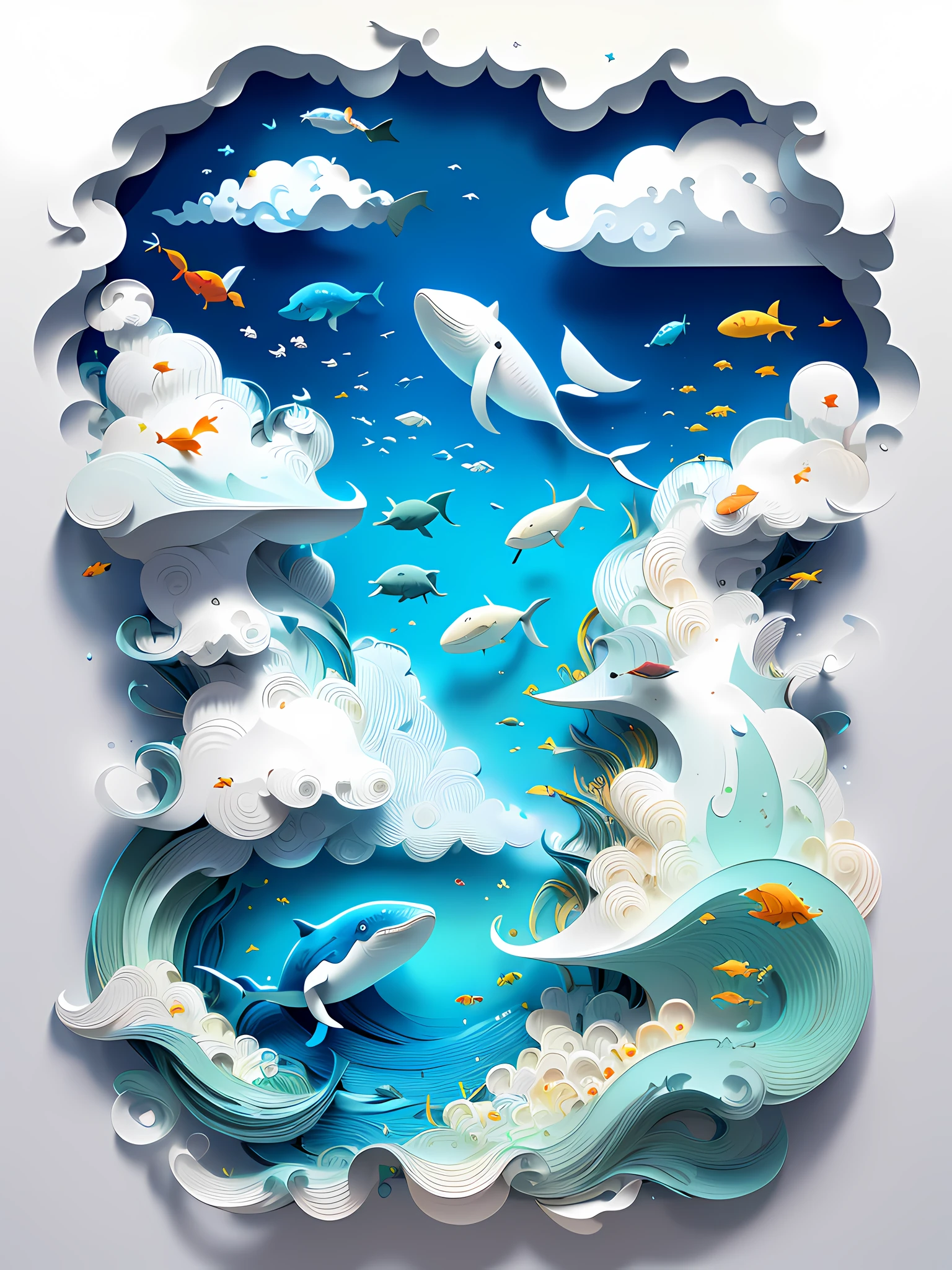 realistic, (best quality, masterpiece:1.3),illustration,whale , floating in the clouds, cloudy sky, paper_cut,