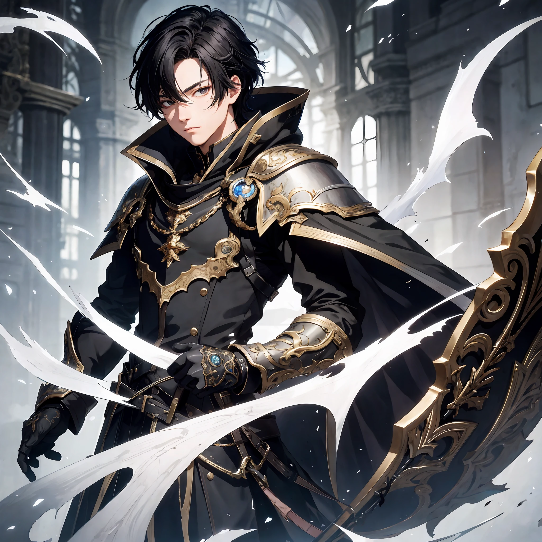 masterpiece, best quality, 1boy, ager, male focus, solo, medium black hair, vibrant black eyes, looking at viewer, High quality metal texture, closed mouth, upper body, bangs, high collar,(kbxll:0.6), Fantasy aesthetics, Highly detailed, shadowverse style, swordsman outfit