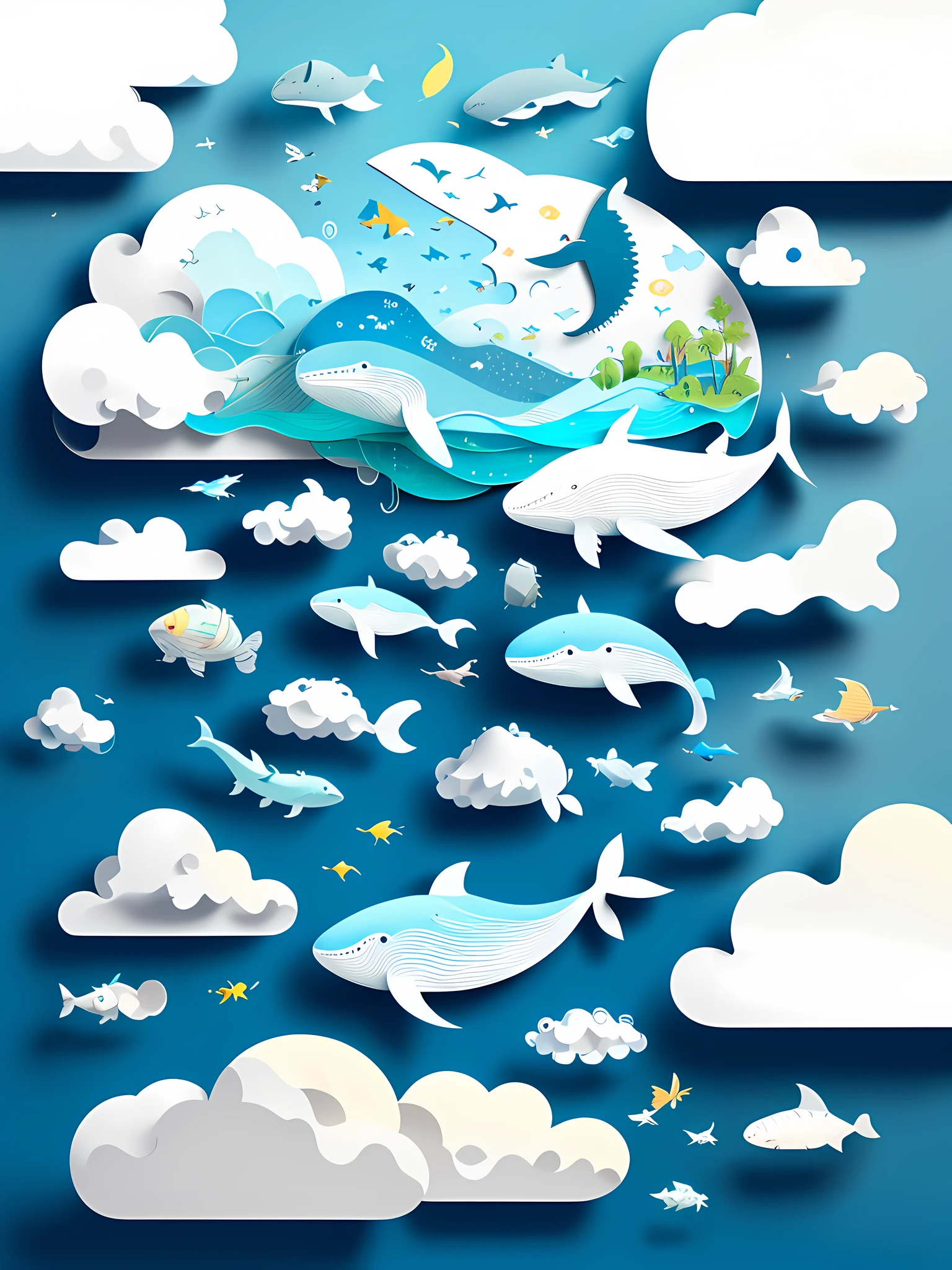 realistic, (best quality, masterpiece:1.3),illustration,whale , floating in the clouds,  cloudy sky, paper_cut,