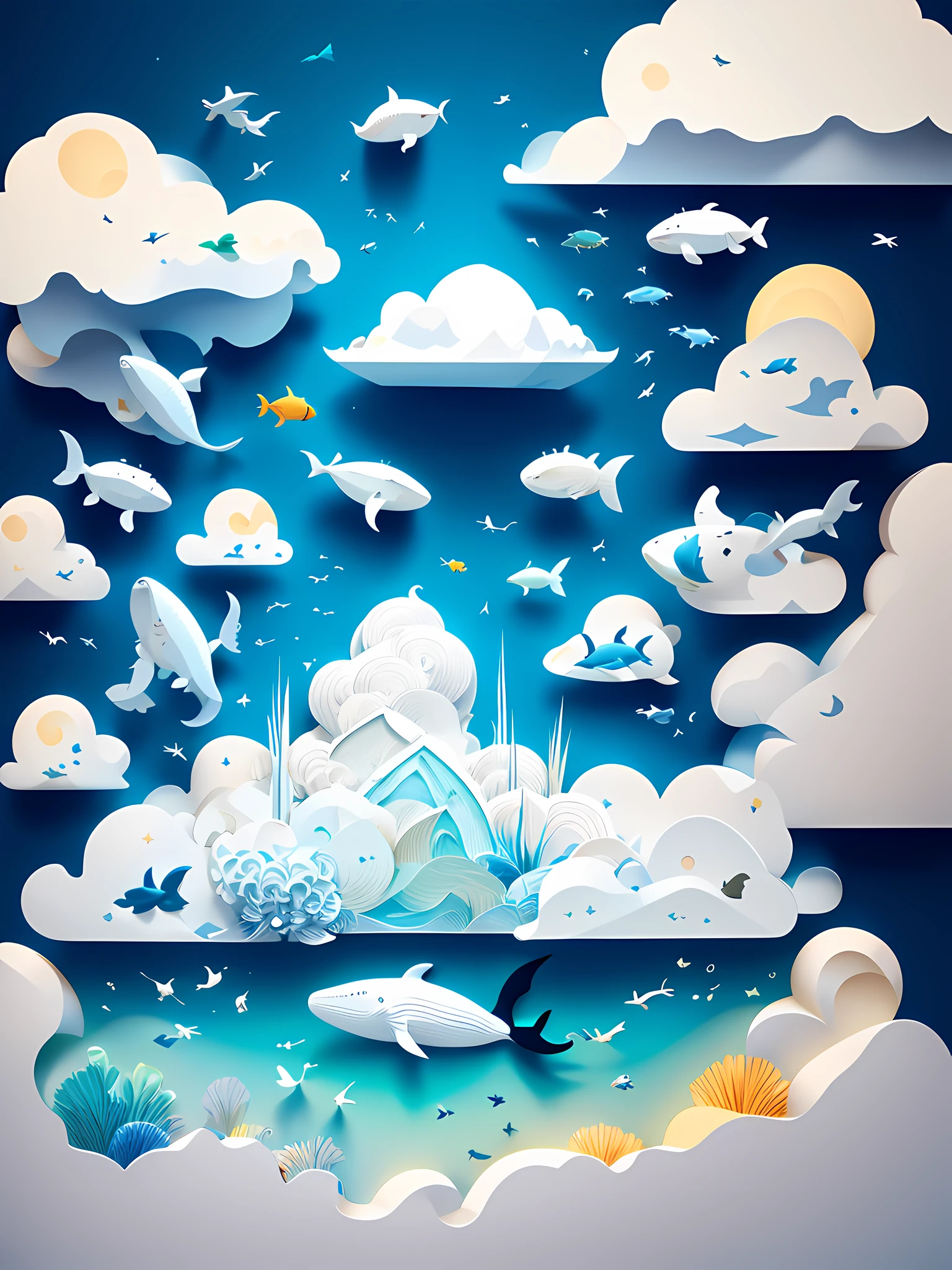 realistic, (best quality, masterpiece:1.3),illustration,whale , floating in the clouds, cloudy sky, paper_cut,